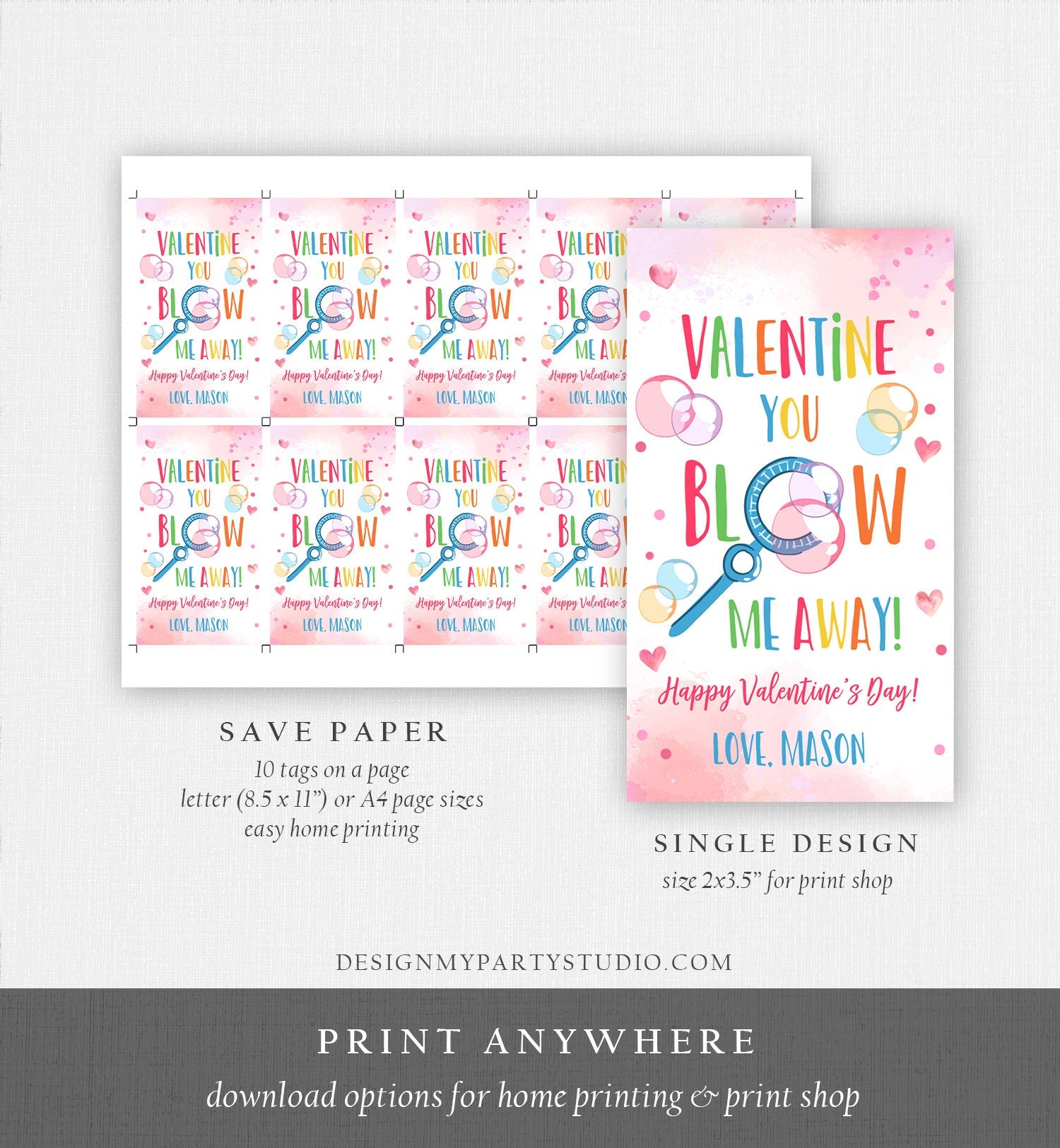 Editable Valentine You Blow Me Away Favor Tag Thank You Blowing Bubbles Soap Valentine's Day Tag School Digital Template Printable 0370