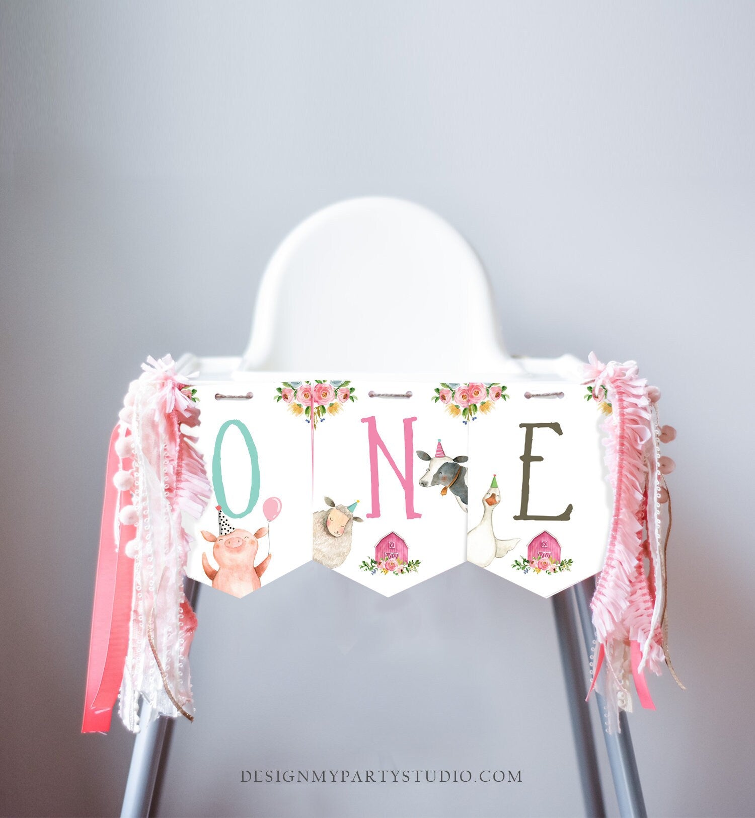 Girl Farm High Chair Banner Pink Farm 1st Birthday Banner High Chair One Banner Farm Animals 1st Birthday Decorations PRINTABLE Digital 0155