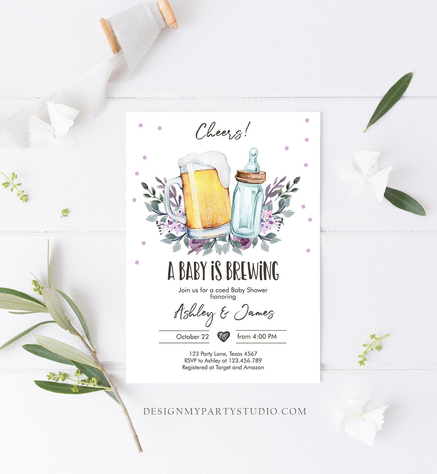 Editable A Baby is Brewing Invitation Bottle and Beers Baby Shower Cheers Coed Couples Shower Purple Download Printable Template Corjl 0190