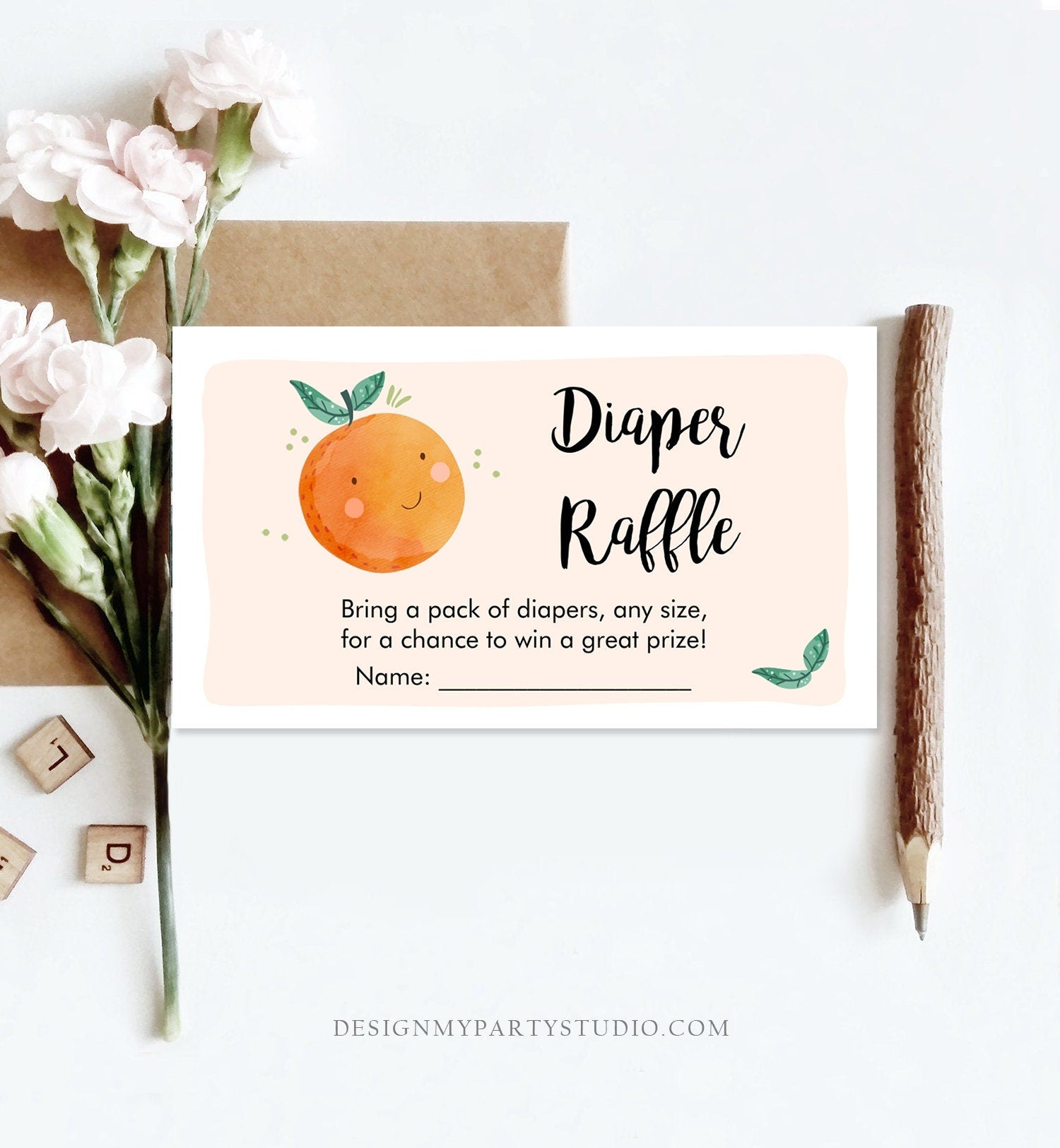 Editable Little Cutie Diaper Raffle Ticket Little Cutie Baby Shower Clementine Gender Neutral Greenery Digital Template Printable 0330