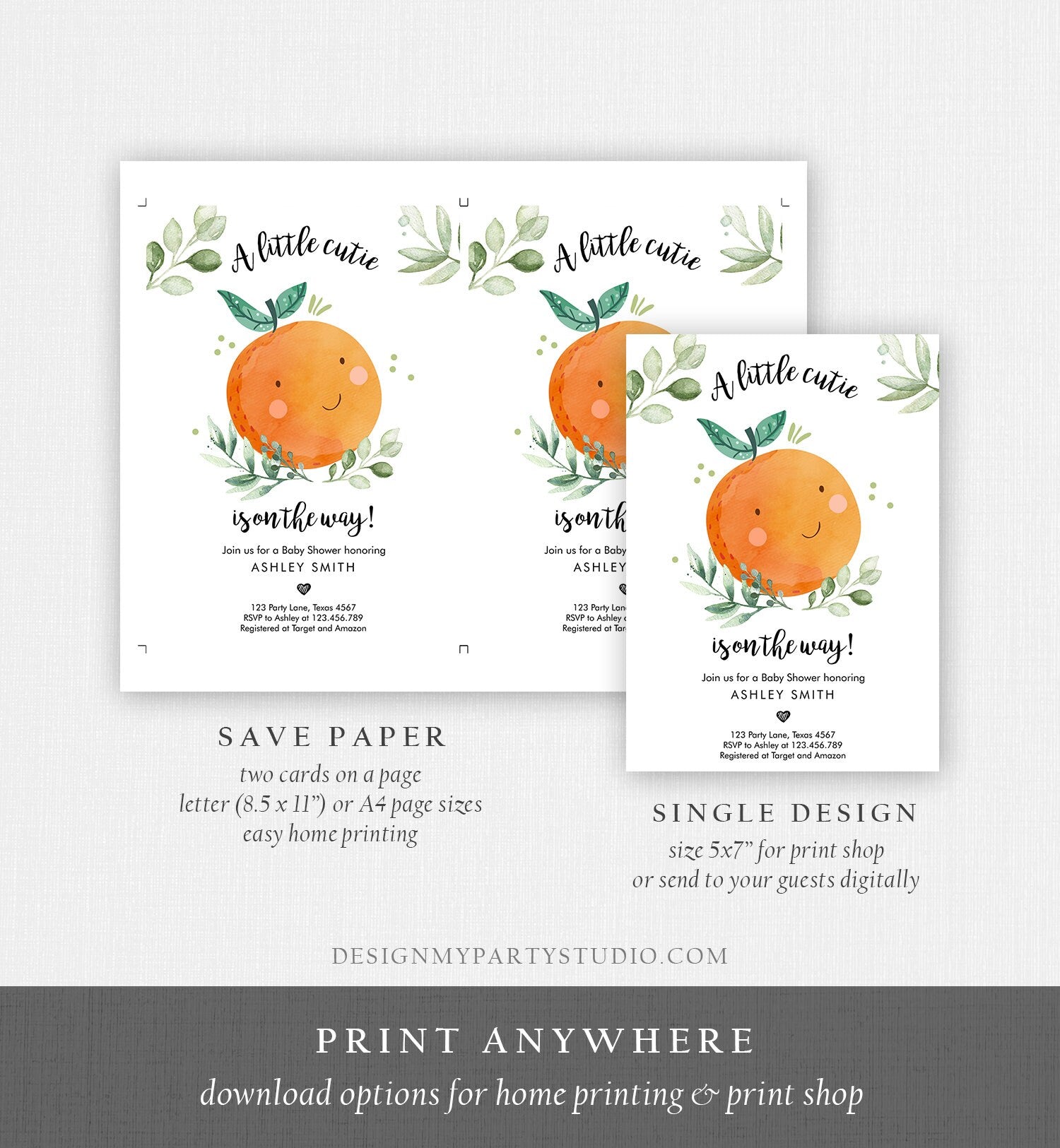 Editable Little Cutie Baby Shower Invitation Little Cutie On The Way Gender Neutral Clementine Coed Digital Download Template Printable 0330