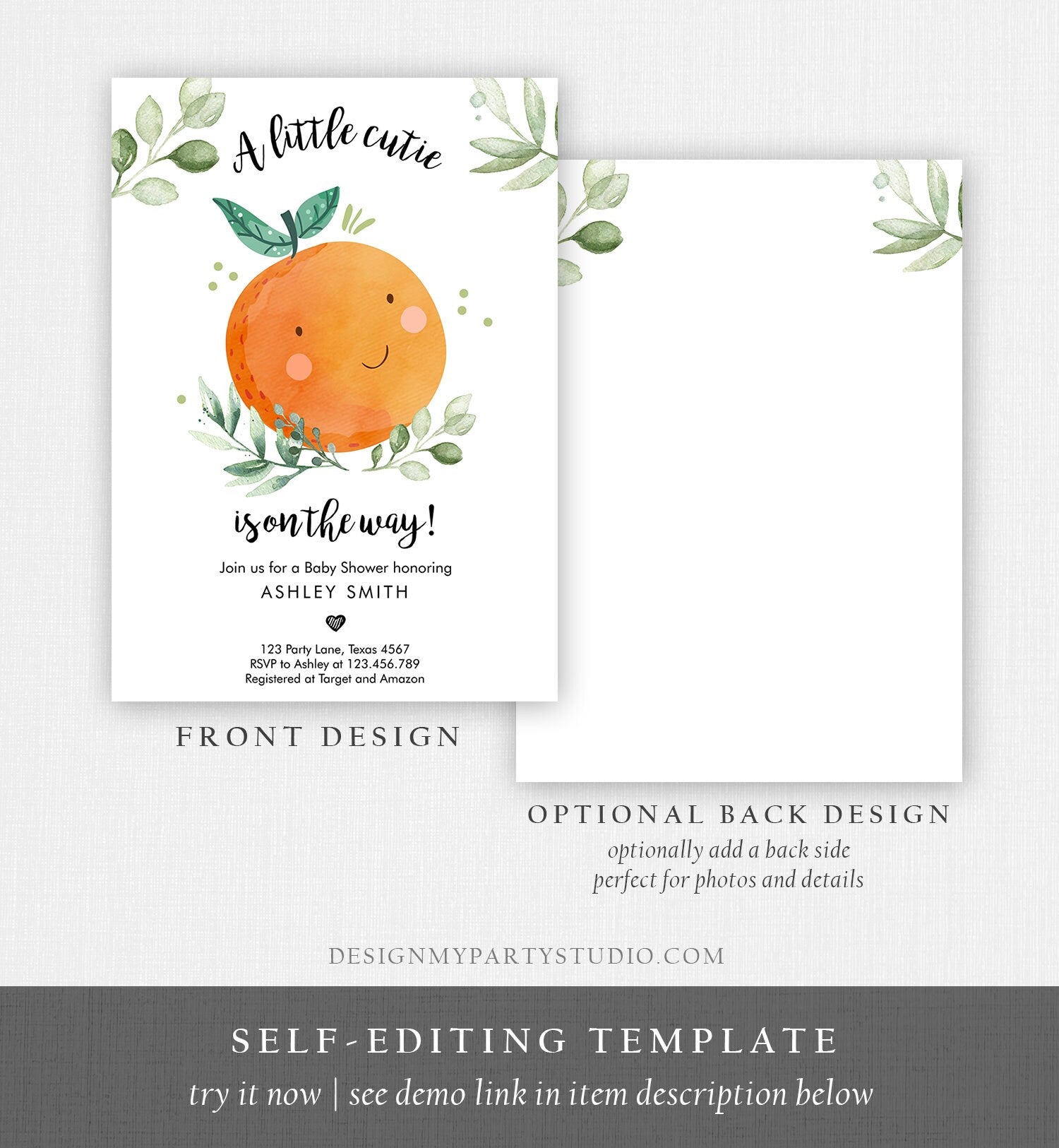 Editable Little Cutie Baby Shower Invitation Little Cutie On The Way Gender Neutral Clementine Coed Digital Download Template Printable 0330