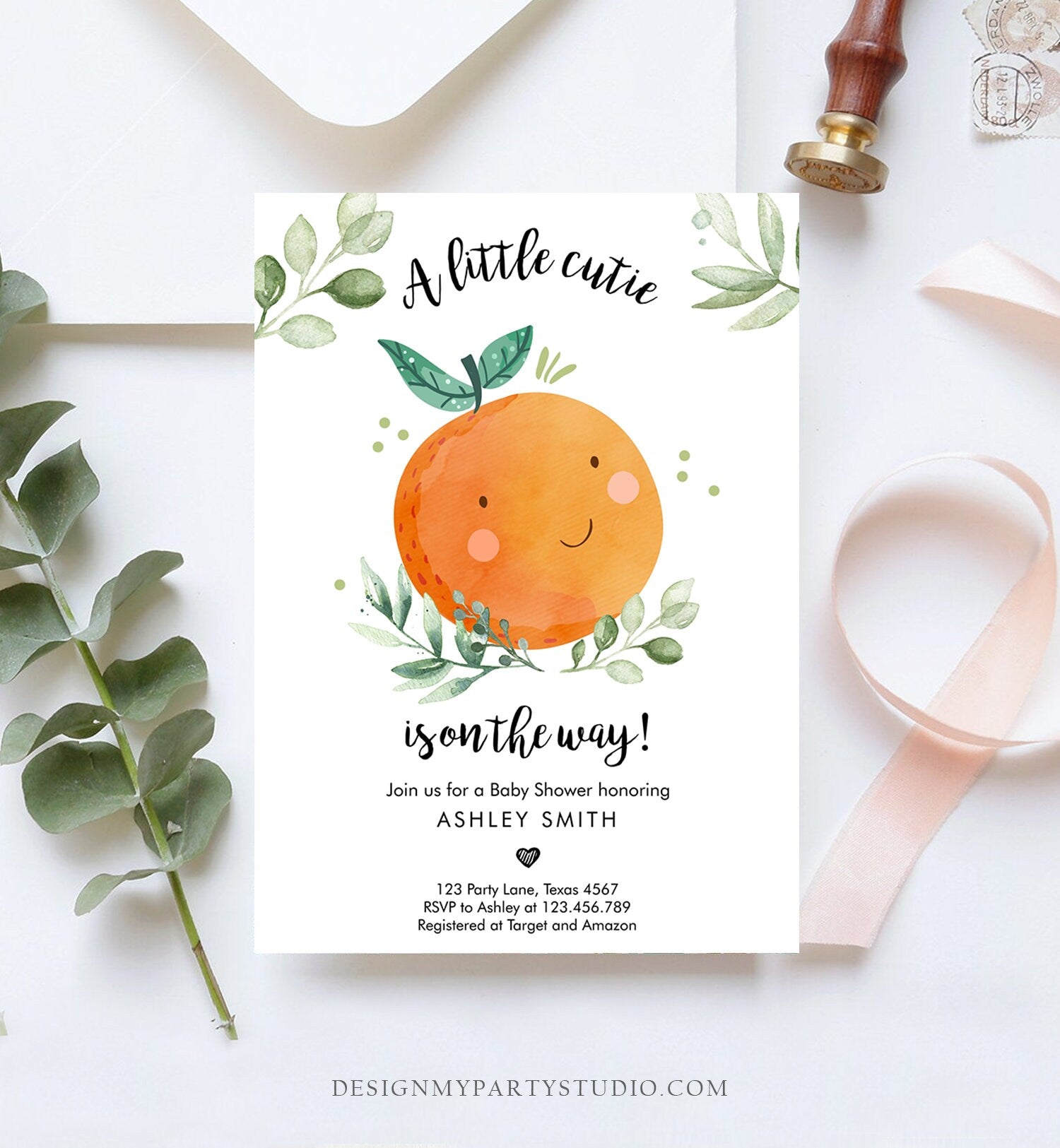 Editable Little Cutie Baby Shower Invitation Little Cutie On The Way Gender Neutral Clementine Coed Digital Download Template Printable 0330