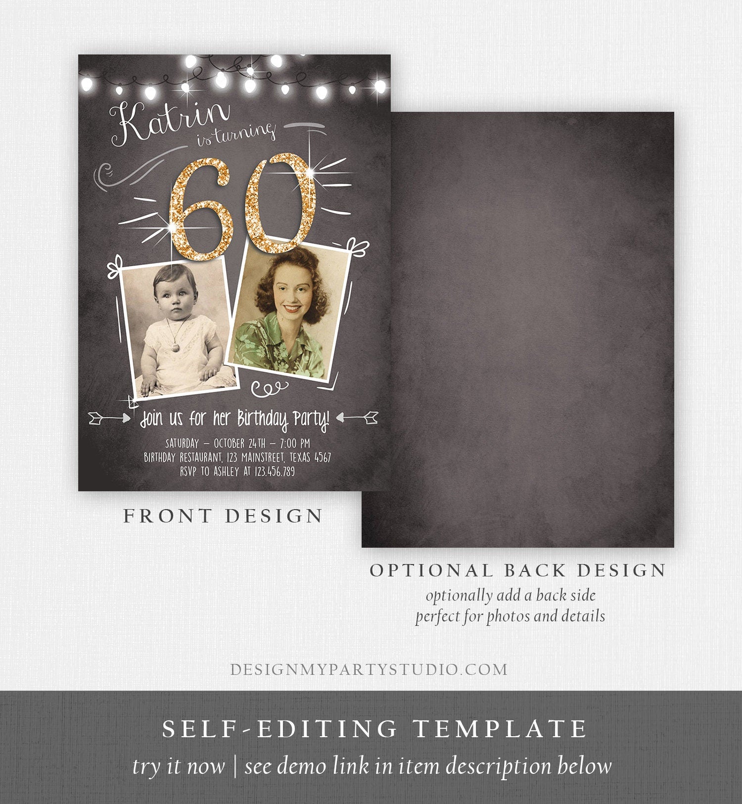 Editable 60th Birthday Invitation ANY AGE Chalkboard Rustic Adult Sixty Photo Vintage Gold Diamond Jubilee Anniversary Corjl Template 0230