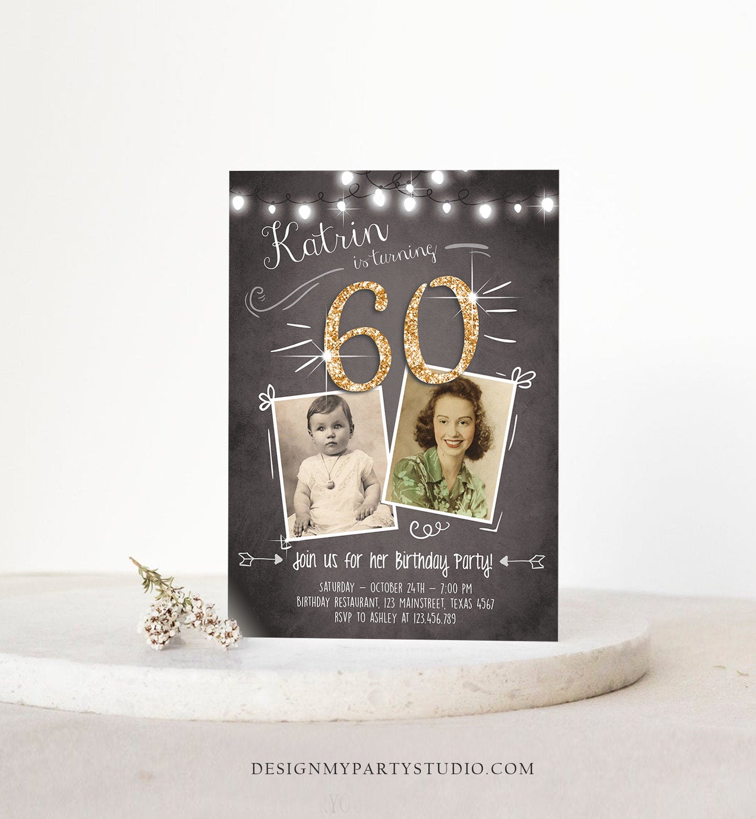 Editable 60th Birthday Invitation ANY AGE Chalkboard Rustic Adult Sixty Photo Vintage Gold Diamond Jubilee Anniversary Corjl Template 0230