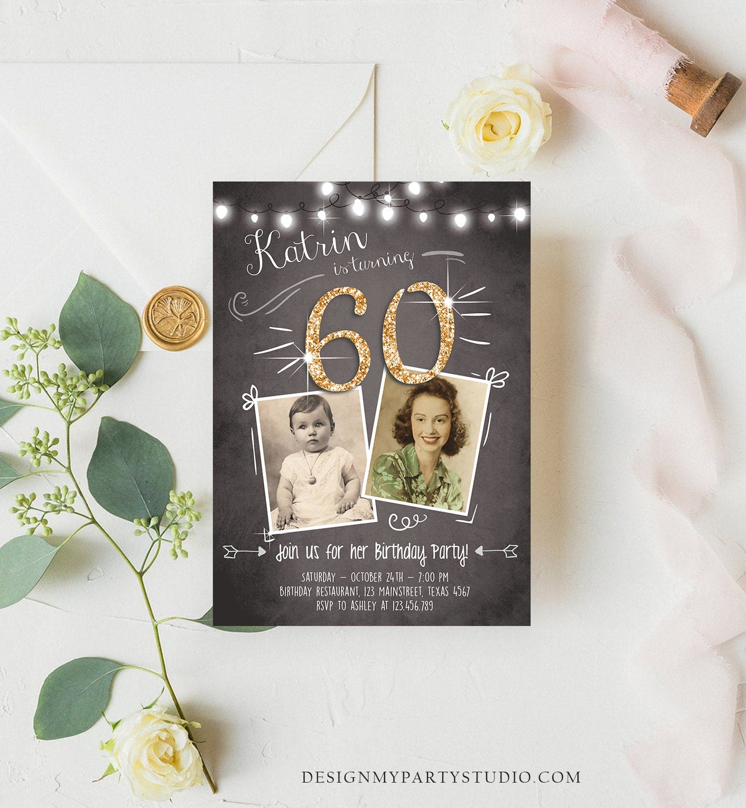 Editable 60th Birthday Invitation ANY AGE Chalkboard Rustic Adult Sixty Photo Vintage Gold Diamond Jubilee Anniversary Corjl Template 0230