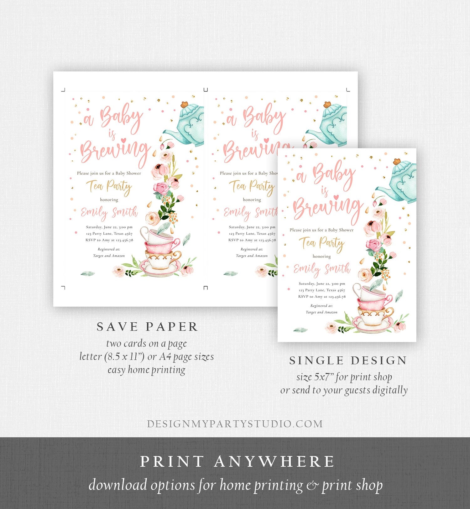 Editable Tea Party Baby Shower Invitation Tea Shower Sprinkle Floral Pink Gold Blush Brunch Bubbly Download Corjl Template Printable 0349