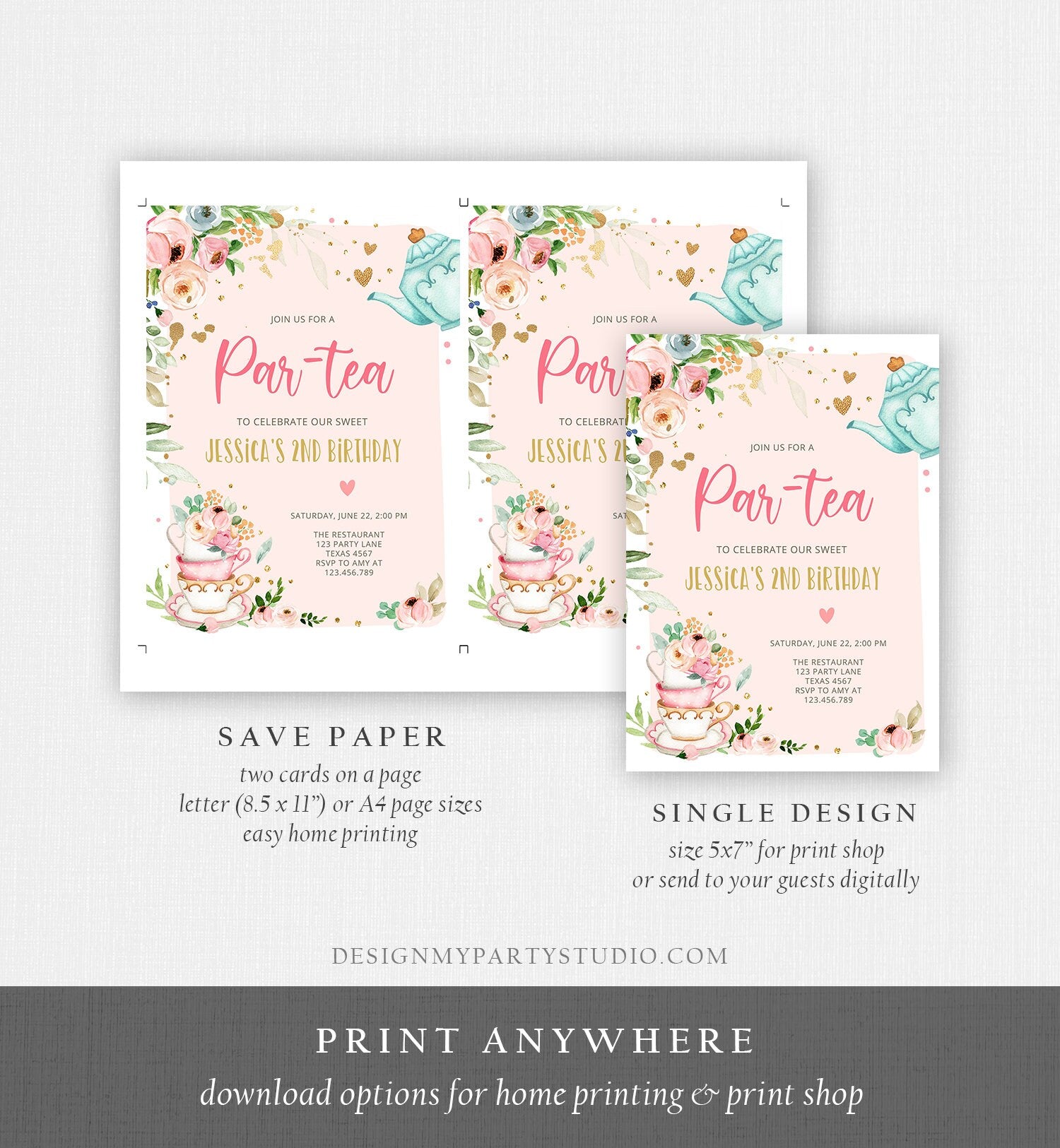 Editable Tea Party Birthday Invitation Par-Tea Birthday Invite Pink and Gold Floral Whimsical Download Printable Template Corjl Digital 0349