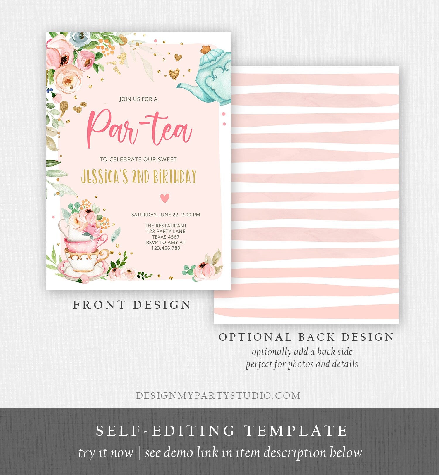 Editable Tea Party Birthday Invitation Par-Tea Birthday Invite Pink and Gold Floral Whimsical Download Printable Template Corjl Digital 0349