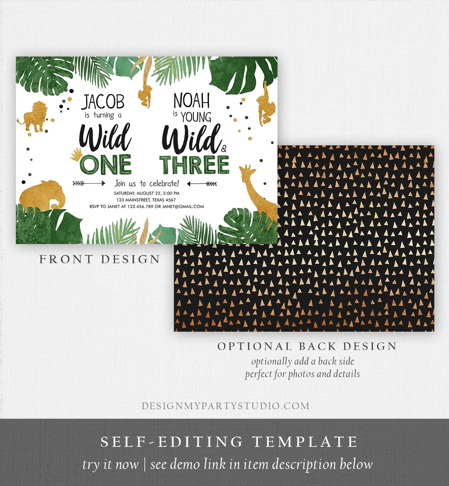 Editable Wild One Birthday Invitation Wild and Three Boys Brothers Birthday Safari Animals Jungle Download Printable Corjl Template 0016