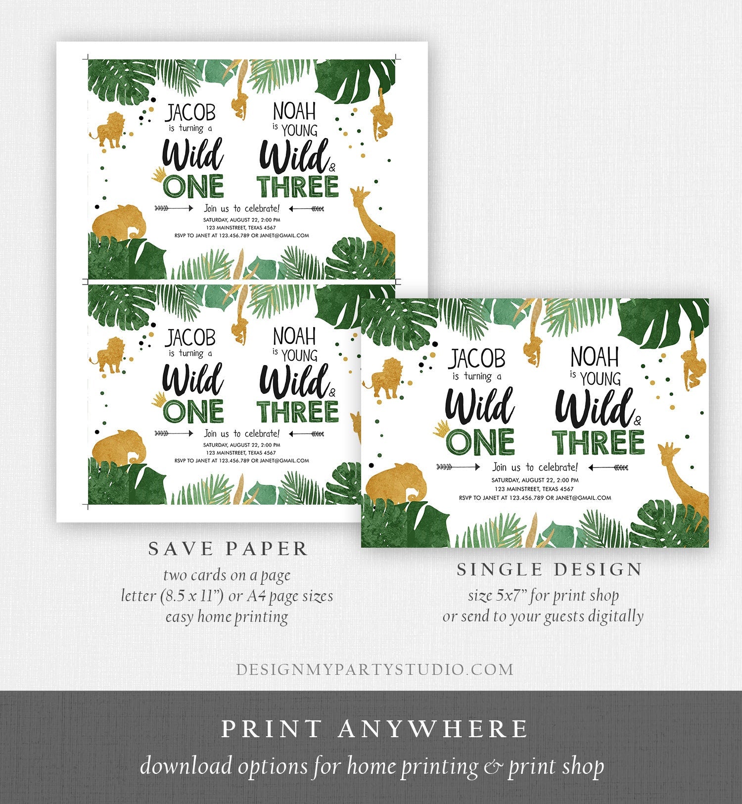 Editable Wild One Birthday Invitation Wild and Three Boys Brothers Birthday Safari Animals Jungle Download Printable Corjl Template 0016