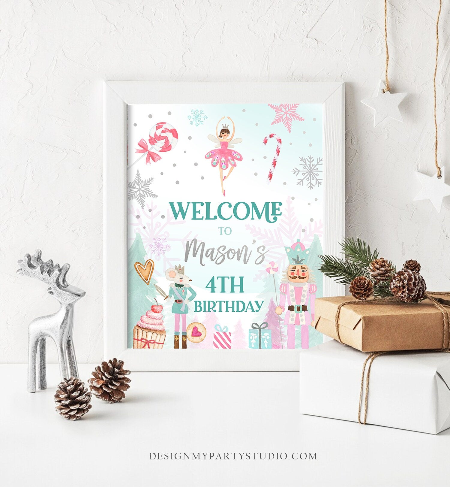 Editable Nutcracker Birthday Welcome Sign Winter Birthday Girl Land of Sweets Party Christmas Holiday Sign Template PRINTABLE Corjl 0352