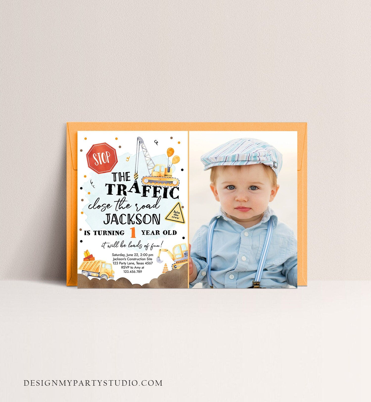 Editable Construction Birthday Invitation Yellow Dump Truck Invite Caution Party Boy Instant Download Printable Template Digital Corjl 0374