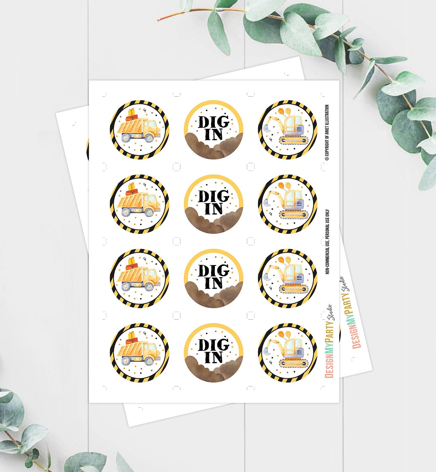 Construction Cupcake Toppers Construction Birthday Favor Tags Boy Yellow Dump Truck Dig In Favors Stickers download Digital PRINTABLE 0374