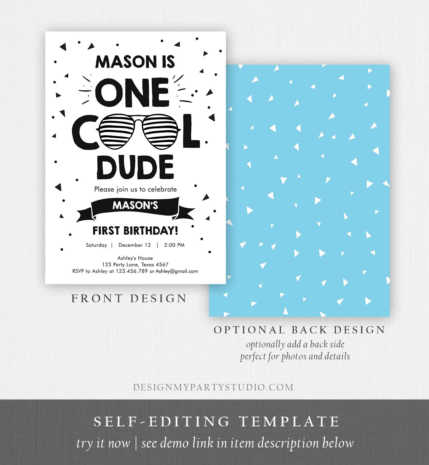 Editable One Cool Dude Birthday Invitation Boy First Birthday 1st Party Sunglasses Striped Pool Cool One Corjl Template Printable 0136