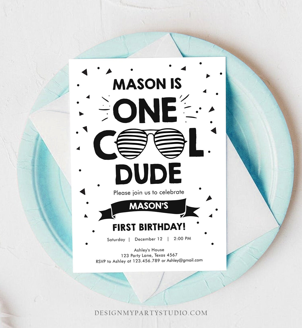 Editable One Cool Dude Birthday Invitation Boy First Birthday 1st Party Sunglasses Striped Pool Cool One Corjl Template Printable 0136