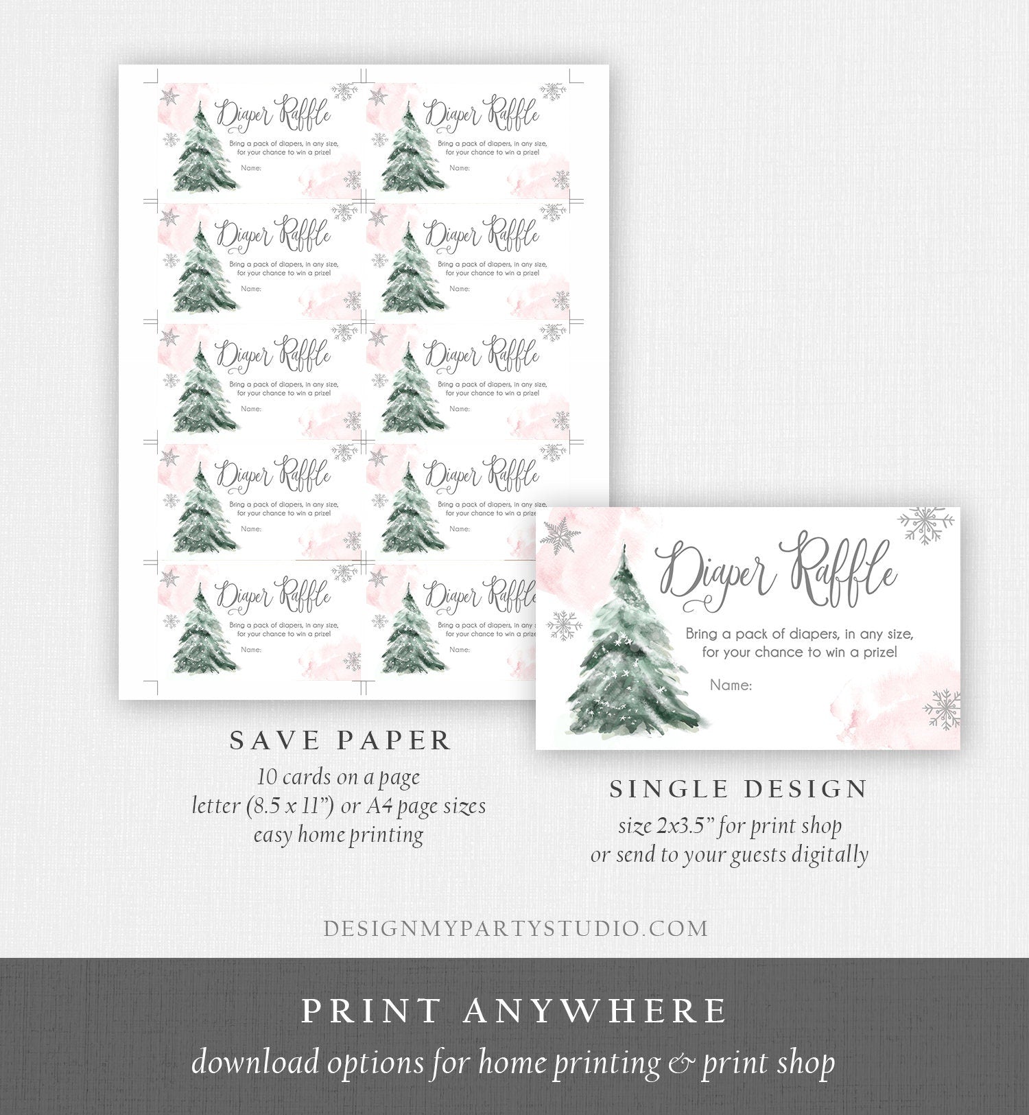 Editable Winter Tree Diaper Raffle Tickets Baby Shower Blush Pink Girl Watercolor Christmas Game Sprinkle Corjl Template Printable 0363