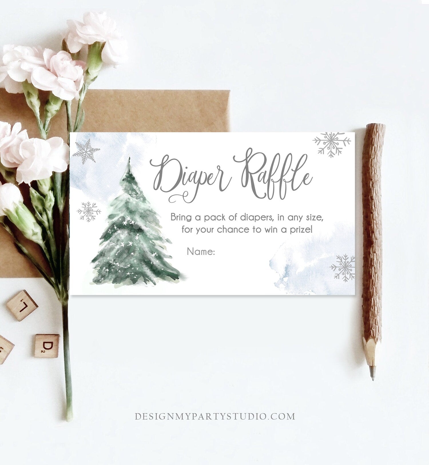 Editable Winter Tree Diaper Raffle Tickets Baby Shower Grey Blue Boy Watercolor Christmas Game Sprinkle Corjl Template Printable 0363