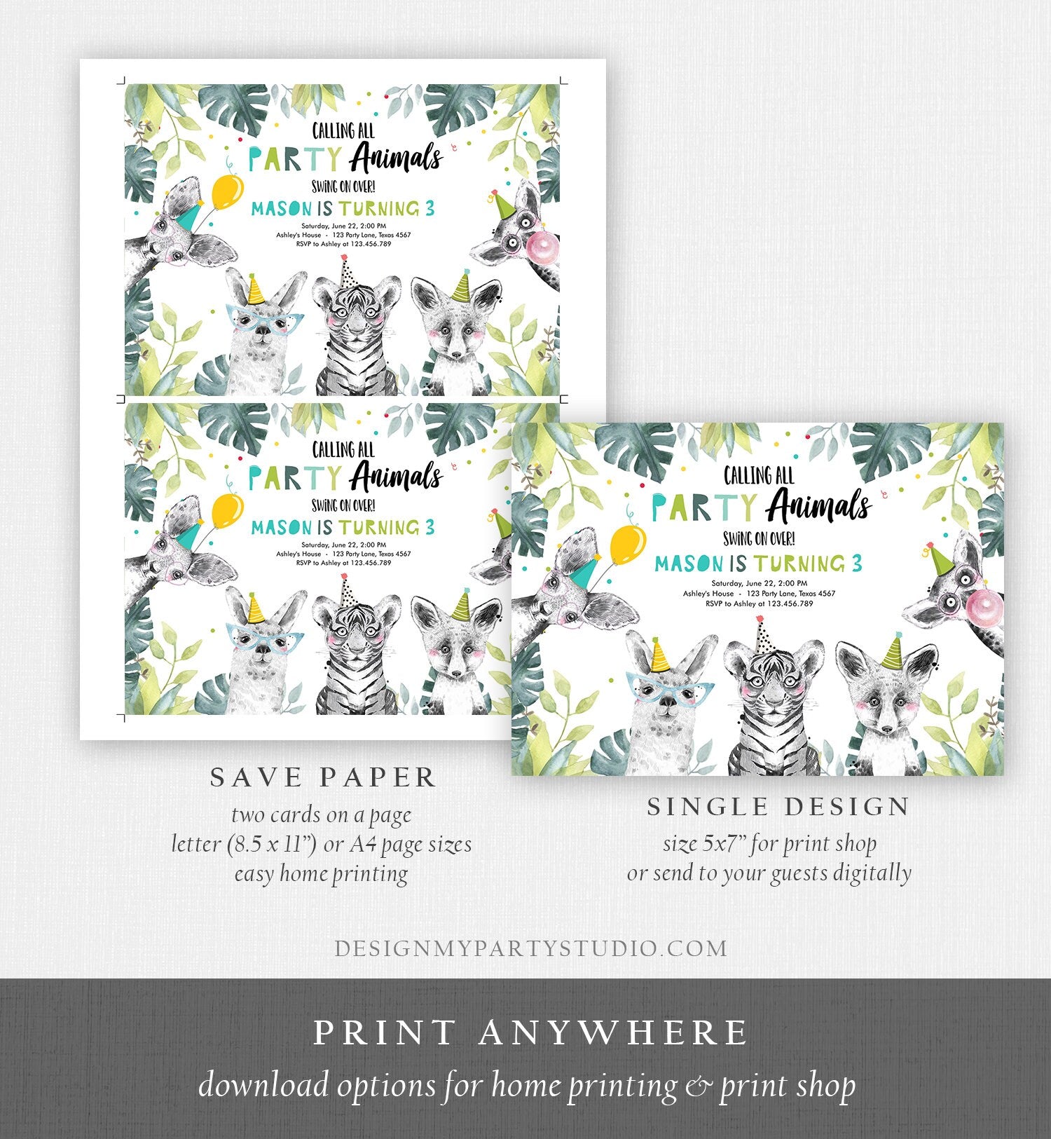 Editable Party Animals Birthday Invitation Exotic Wild Animals Invitation Zoo Safari Animals Boy Download Printable Template Corjl 0322