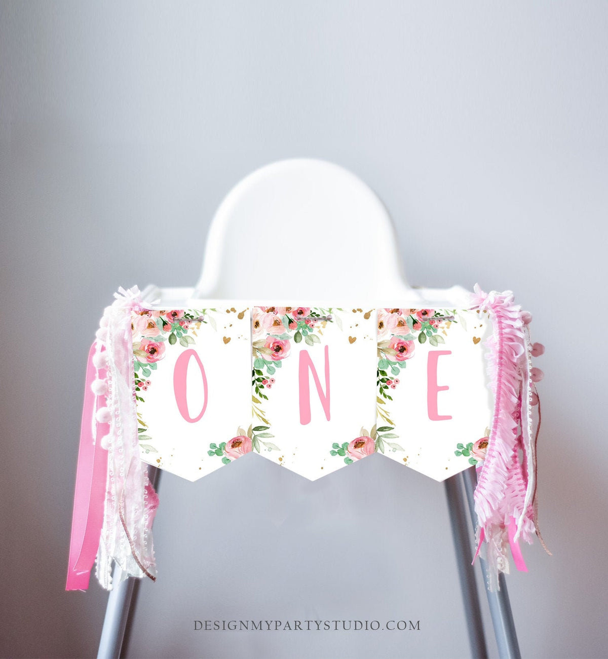 Little Miss Onederful High Chair Banner Pink Floral 1st Girl First Birthday Flowers Gold Pastel ONE Party Decor PRINTABLE Digital 0147