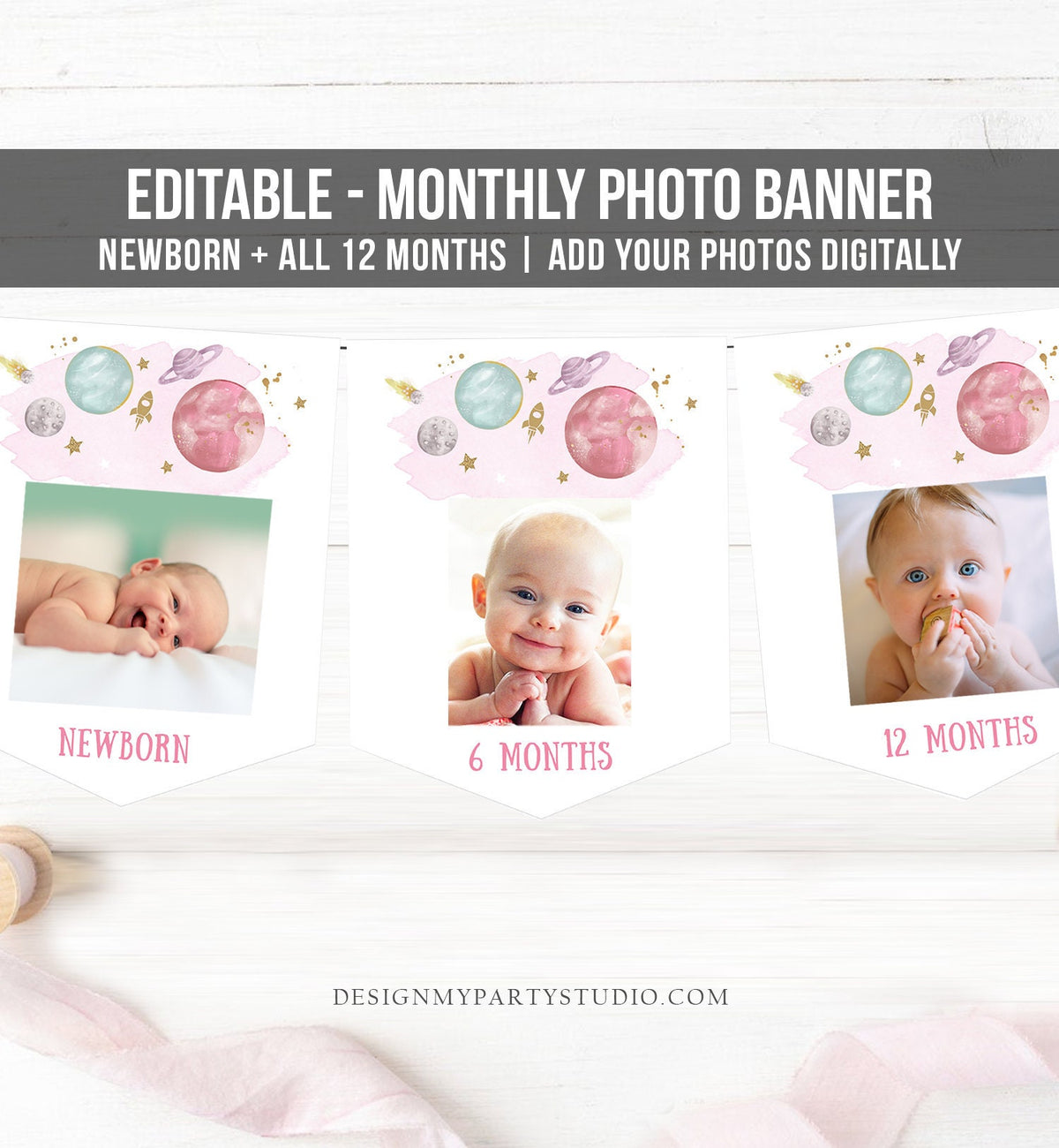 Editable Outer Space Birthday Banner Monthly Photo Banner First Trip Around the Sun Galaxy Digital Download Corjl Template Printable 0357