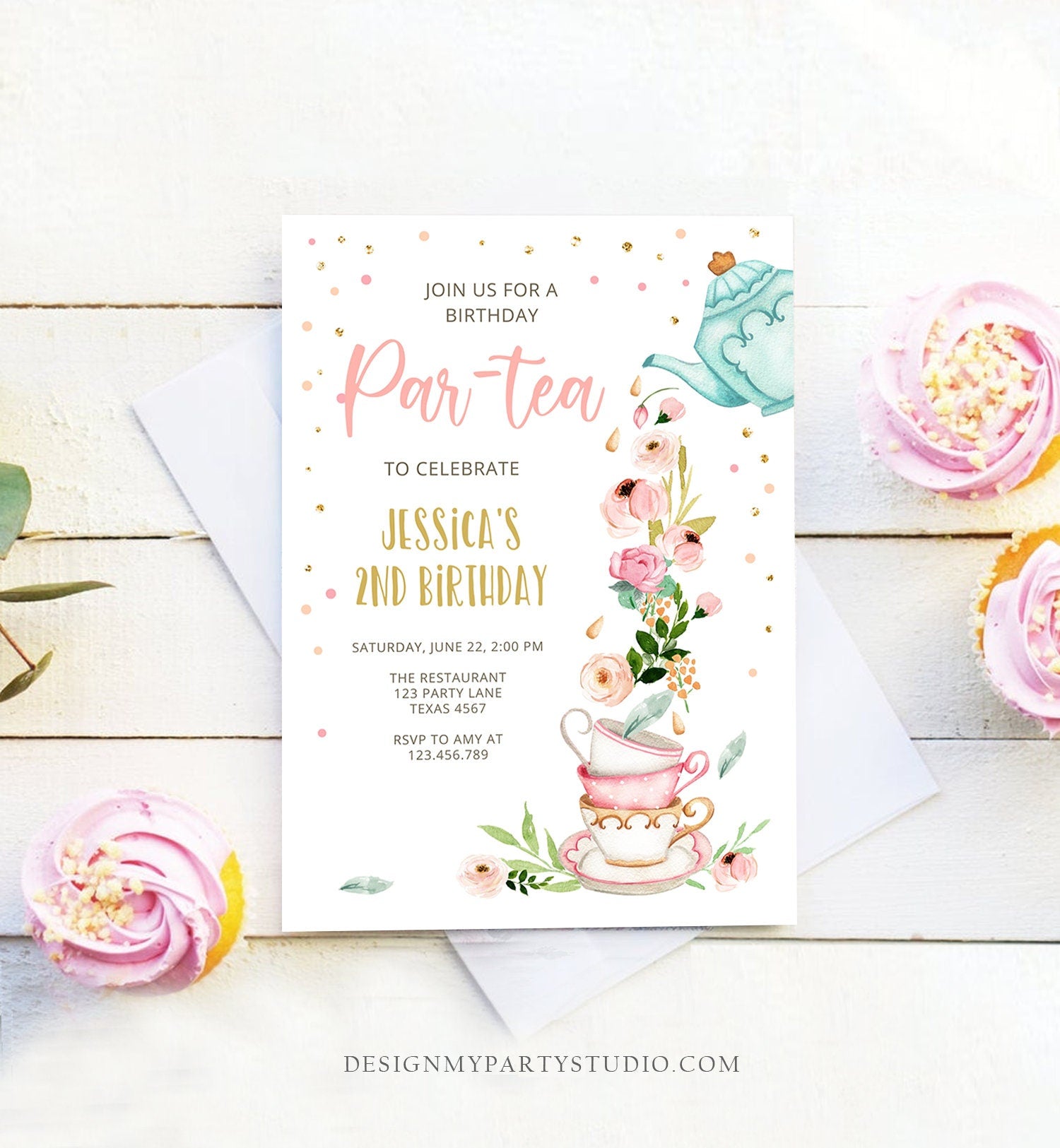 Editable Tea Birthday Invitation Girl Par-Tea Invite Virtual Tea Party Pink Gold Floral Peach Download Printable Template Corjl Digital 0349