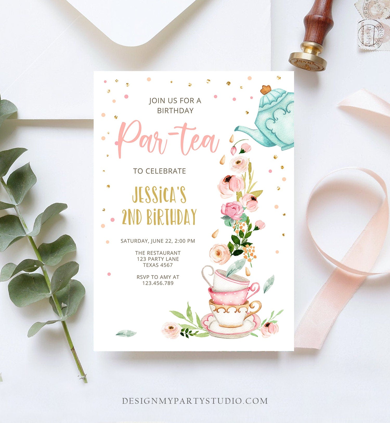 Editable Tea Birthday Invitation Girl Par-Tea Invite Virtual Tea Party Pink Gold Floral Peach Download Printable Template Corjl Digital 0349