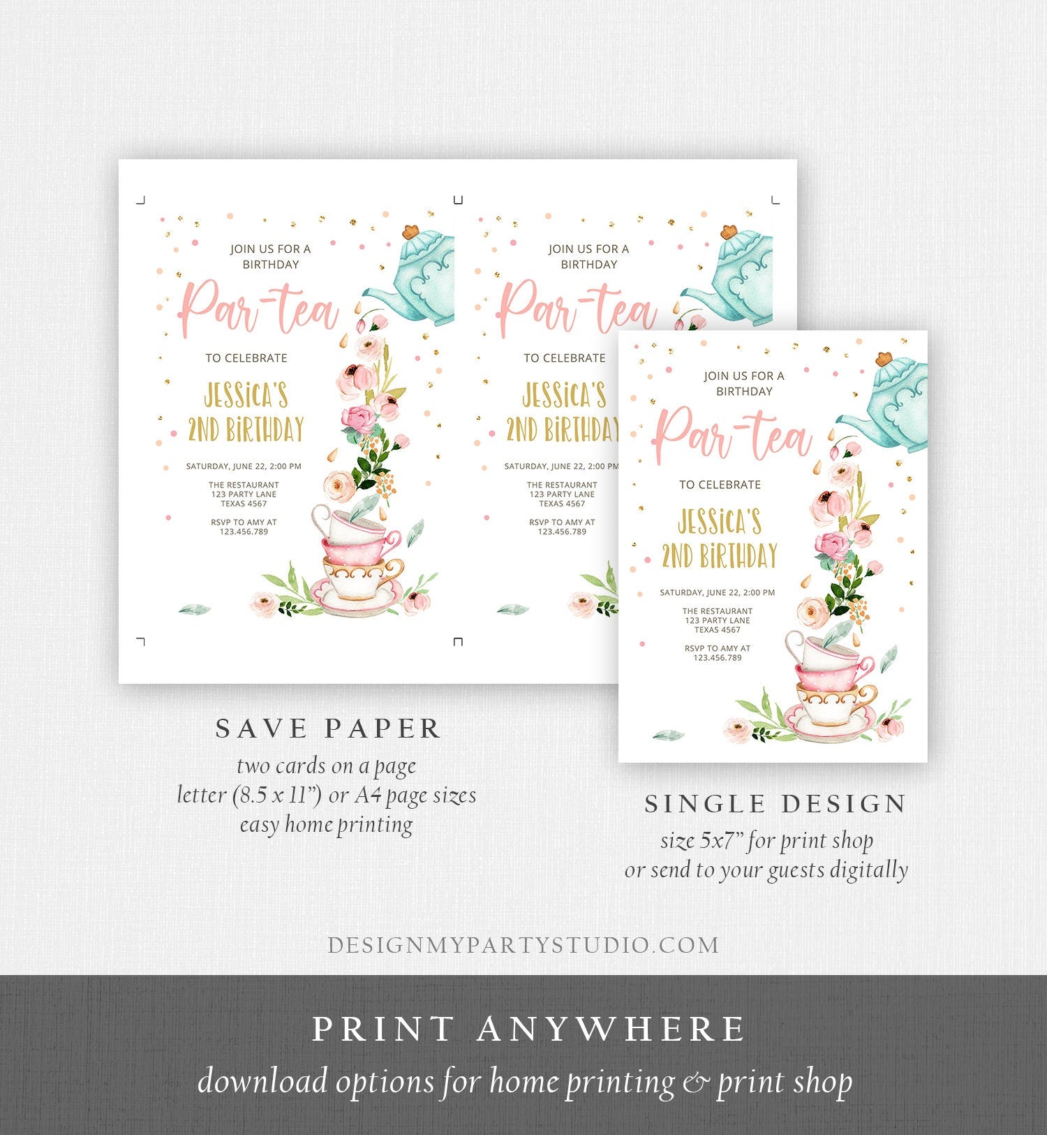 Editable Tea Birthday Invitation Girl Par-Tea Invite Virtual Tea Party Pink Gold Floral Peach Download Printable Template Corjl Digital 0349