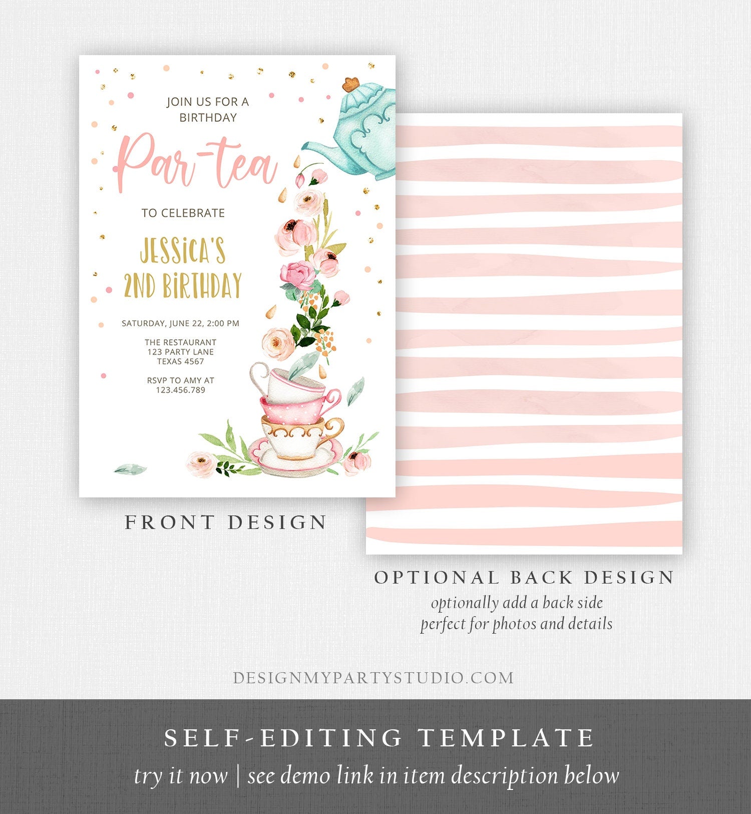 Editable Tea Birthday Invitation Girl Par-Tea Invite Virtual Tea Party Pink Gold Floral Peach Download Printable Template Corjl Digital 0349