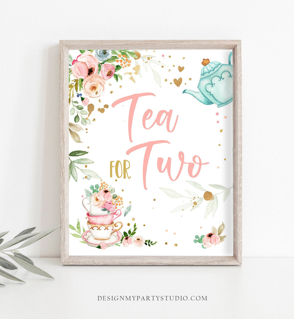 Tea for Two Party Sign Tea 2nd Birthday Sign Pink Gold Floral Tea Birthday Decor Tea par-tea Table Sign Girl Treats Download Printable 0349