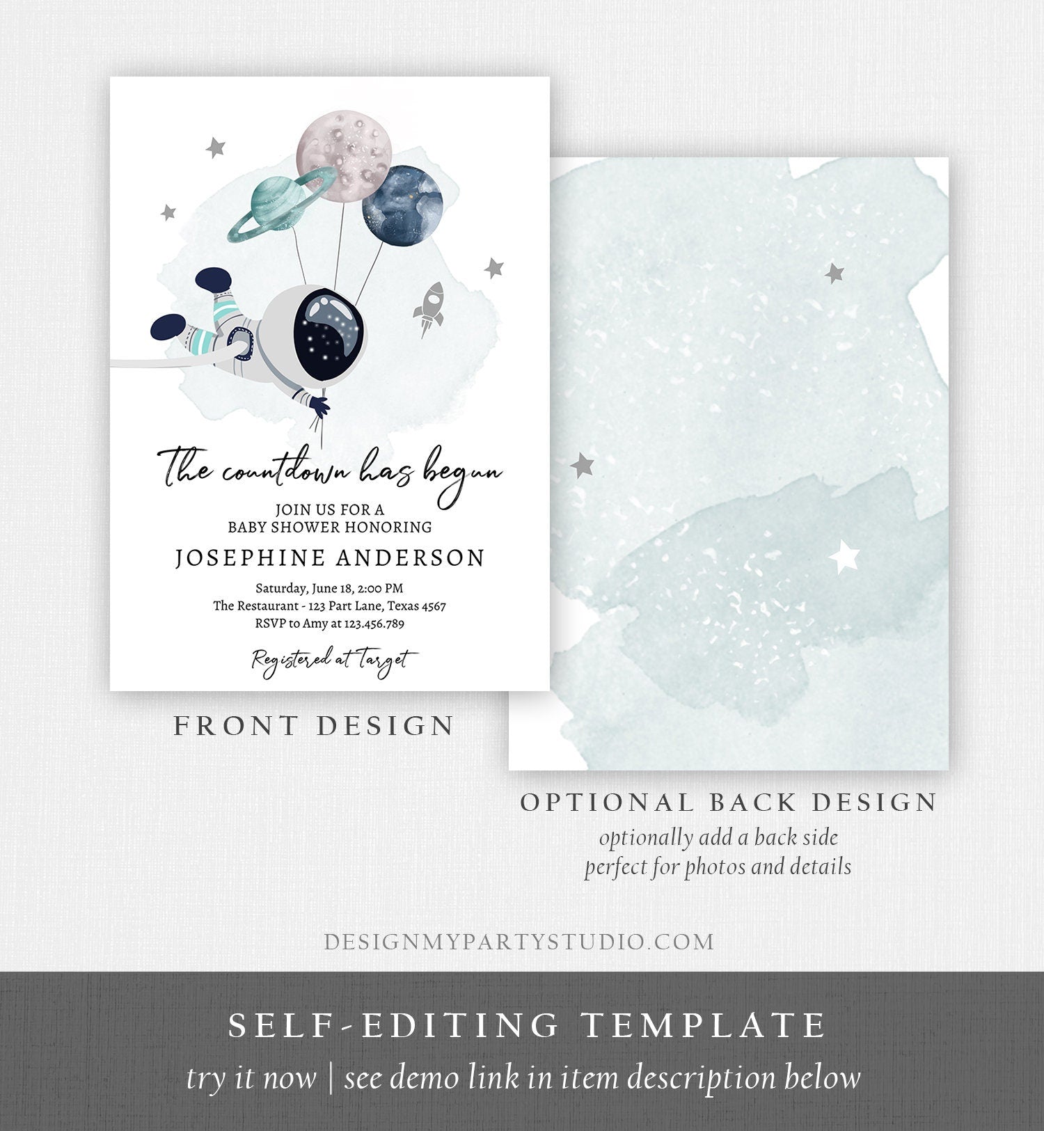 Editable Space Baby Shower Invitation Galaxy Outer Space It's a Boy Blue Planets Moon Countdown Download Evite Template Printable 0366