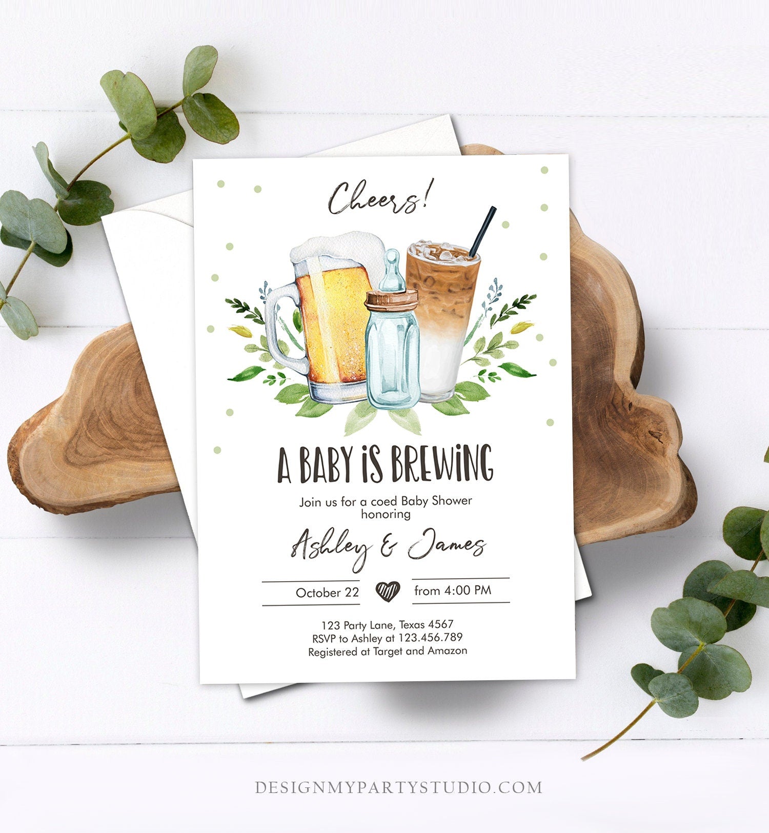 Editable A Baby is Brewing Invitation Bottle and Beers Baby Shower Coed Couples Cold Brew Coffee Download Printable Template Corjl 0190