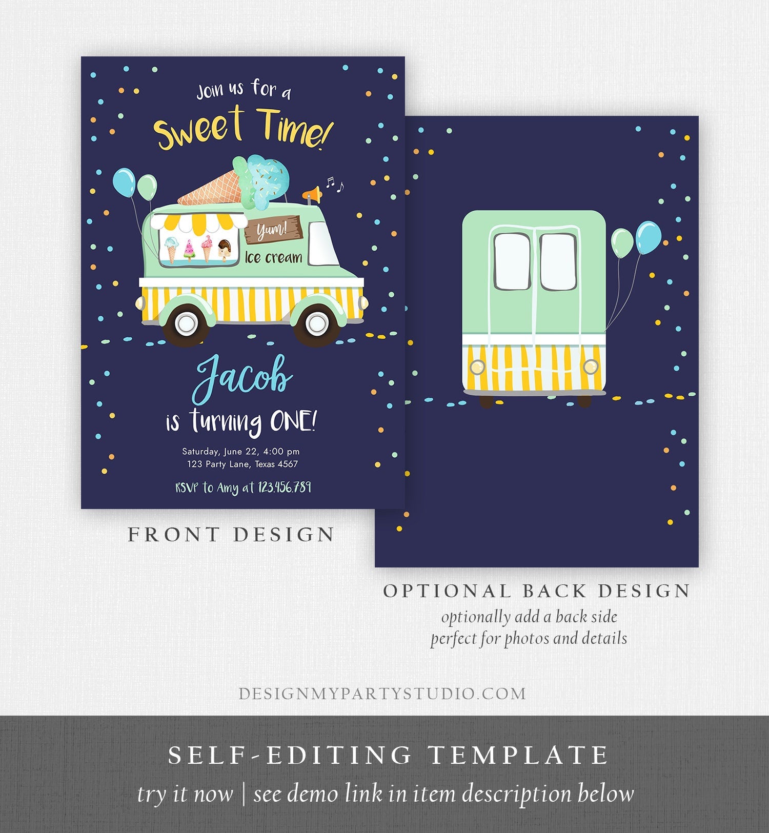 Editable Ice Cream Truck Birthday Invitation Ice Cream Birthday Party Cone Boy Girl Mint Yellow Summer Twin Corjl Template Printable 0243