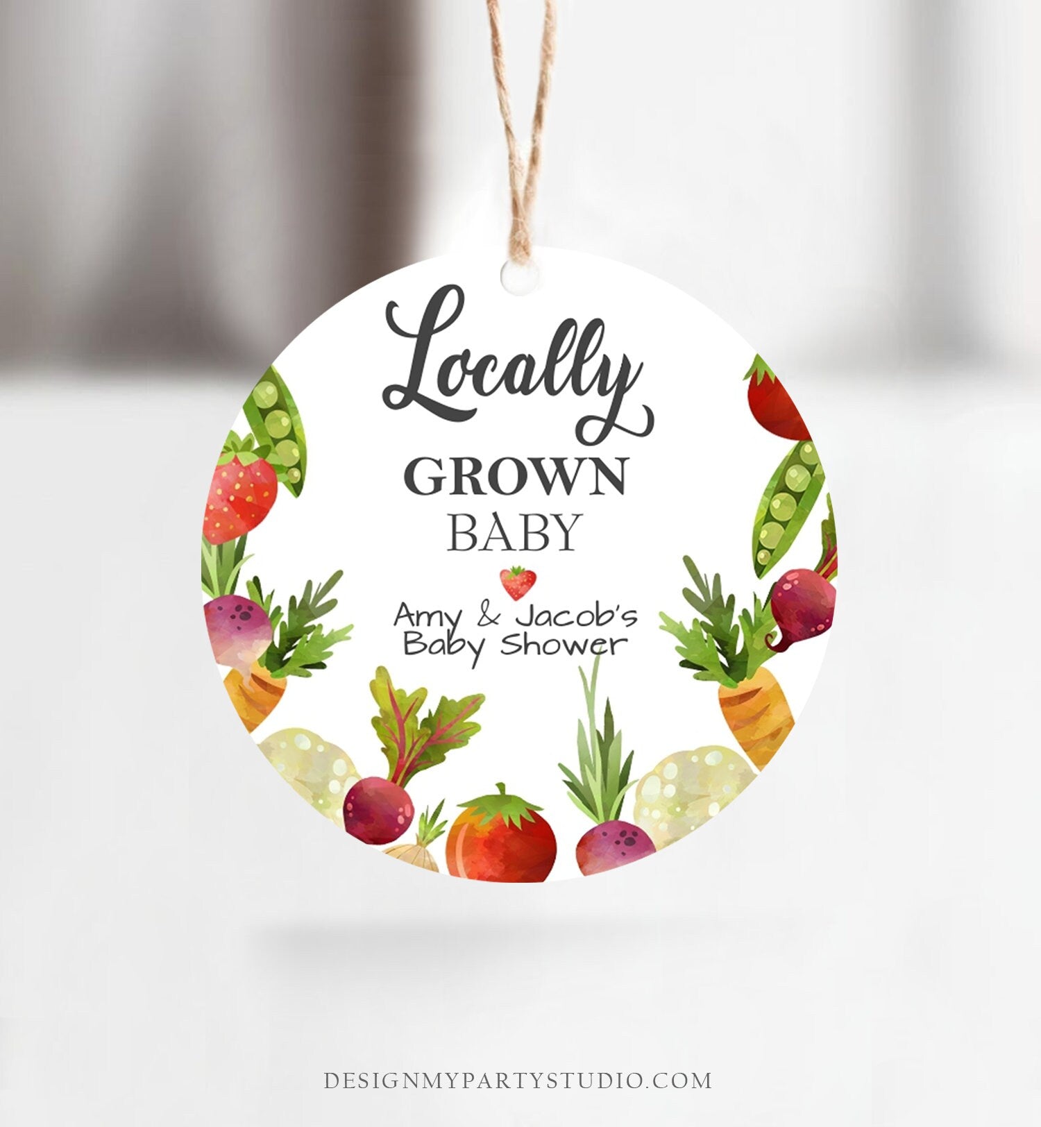 Editable Locally Grown Favor Tag Thank You Tag Birthday Farmers Market Baby Shower Vegetable Veggies Gender Neutral Corjl Template 0144