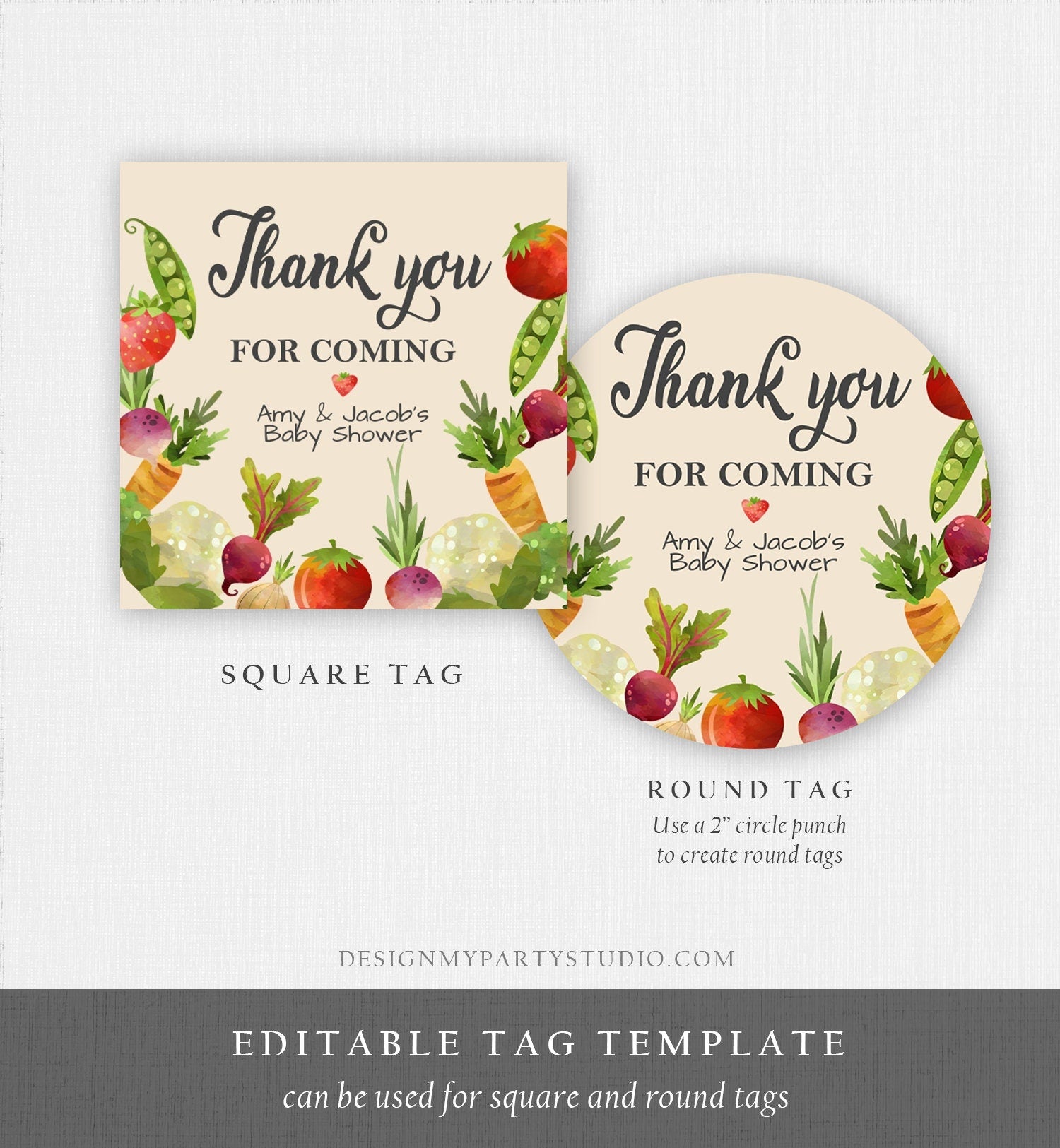 Editable Locally Grown Thank You Tag Birthday Farmers Market Favor Tag Baby Shower Vegetable Veggies Gender Neutral Corjl Template 0144