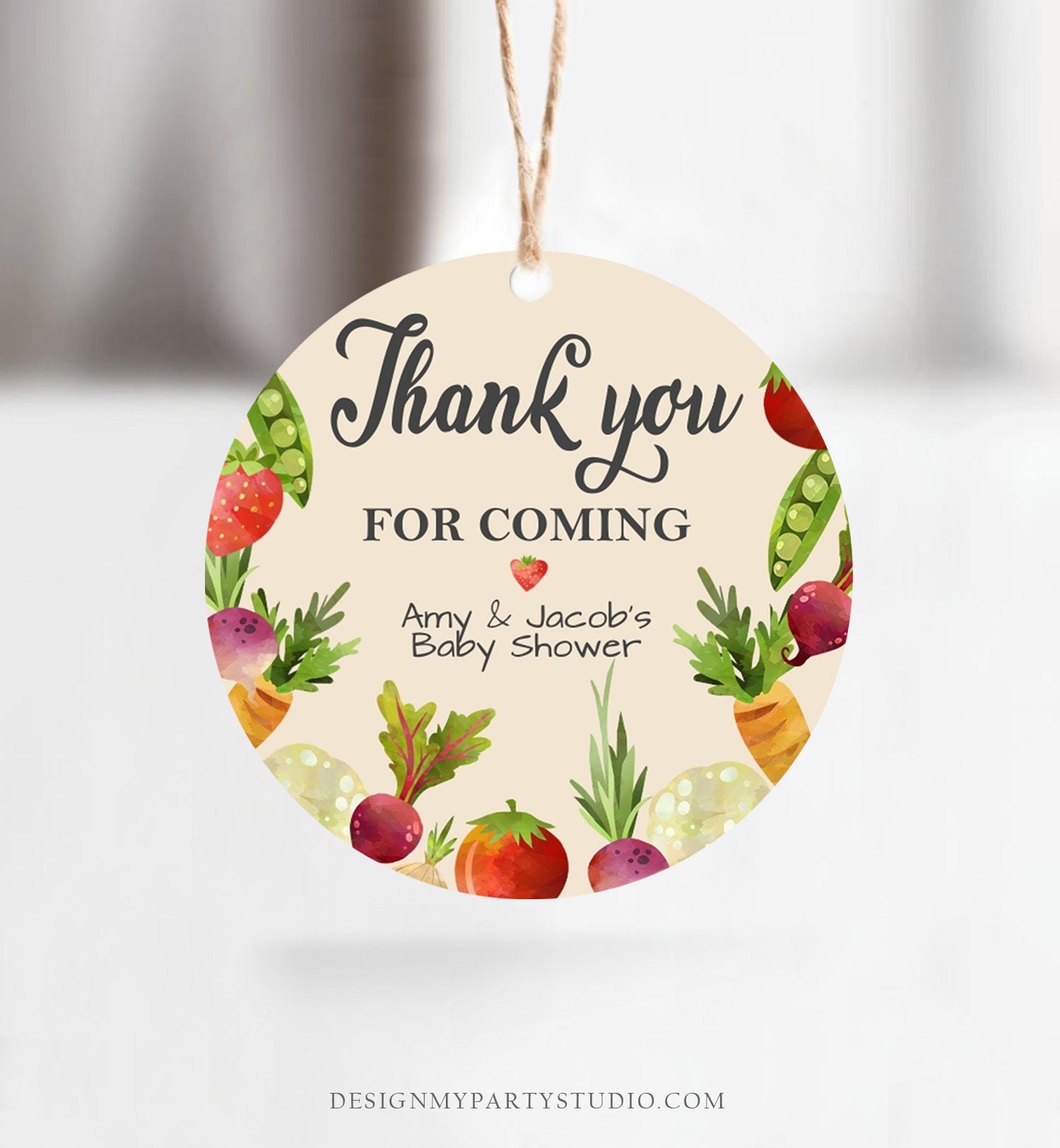 Editable Locally Grown Thank You Tag Birthday Farmers Market Favor Tag Baby Shower Vegetable Veggies Gender Neutral Corjl Template 0144