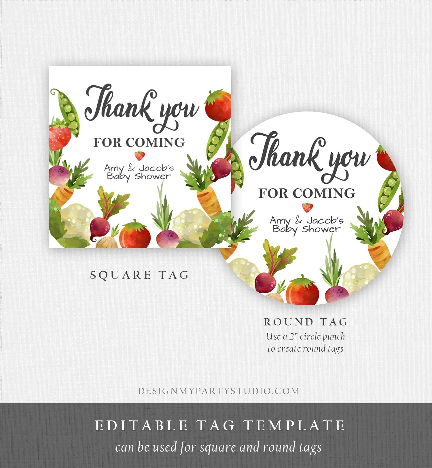 Editable Locally Grown Thank You Tag Birthday Farmers Market Favor Tag Baby Shower Vegetable Veggies Gender Neutral Template Printable 0144