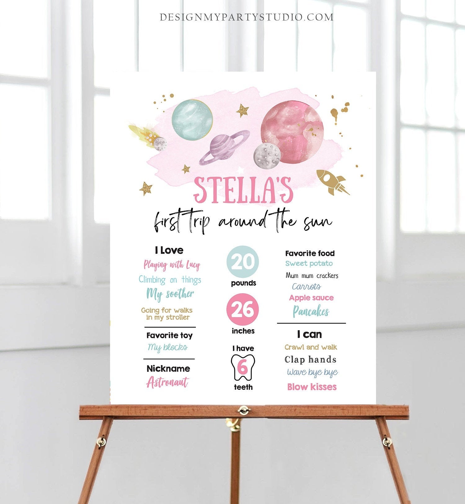 Editable Outer Space Birthday Milestone Sign First Trip Around the Sun Girl 1st Birthday Space Galaxy Planet Digital Template Printable 0357