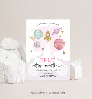 Editable Outer Space Girl First Birthday Invitation Galaxy Blast Off First Trip Around the Sun Pink Download Printable Template Corjl 0357