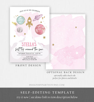 Editable Outer Space Girl First Birthday Invitation Galaxy Blast Off First Trip Around the Sun Pink Download Printable Template Corjl 0357