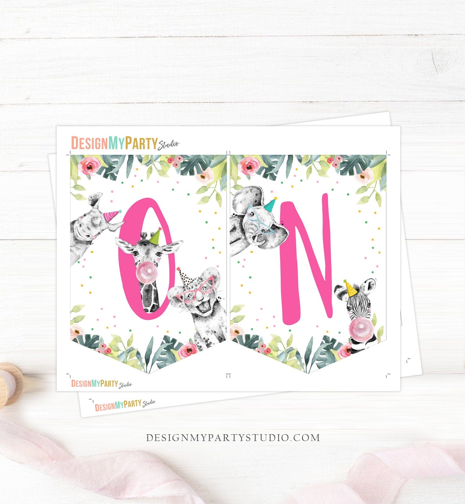 High Chair Banner Safari Animals Pink Party Animals Wild One Birthday Girl Zoo Decorations ONE Banner Girl Digital Download Printable 0322