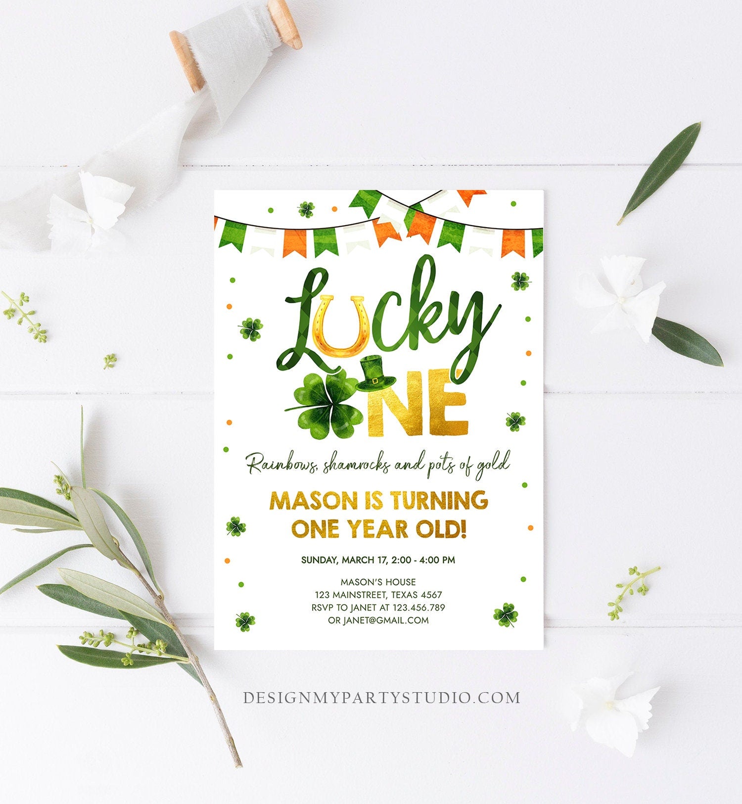 Editable Lucky One Birthday Invitation St. Patrick's Day First Birthday 1st Boy Shamrock Clover Download Corjl Template Printable 0379