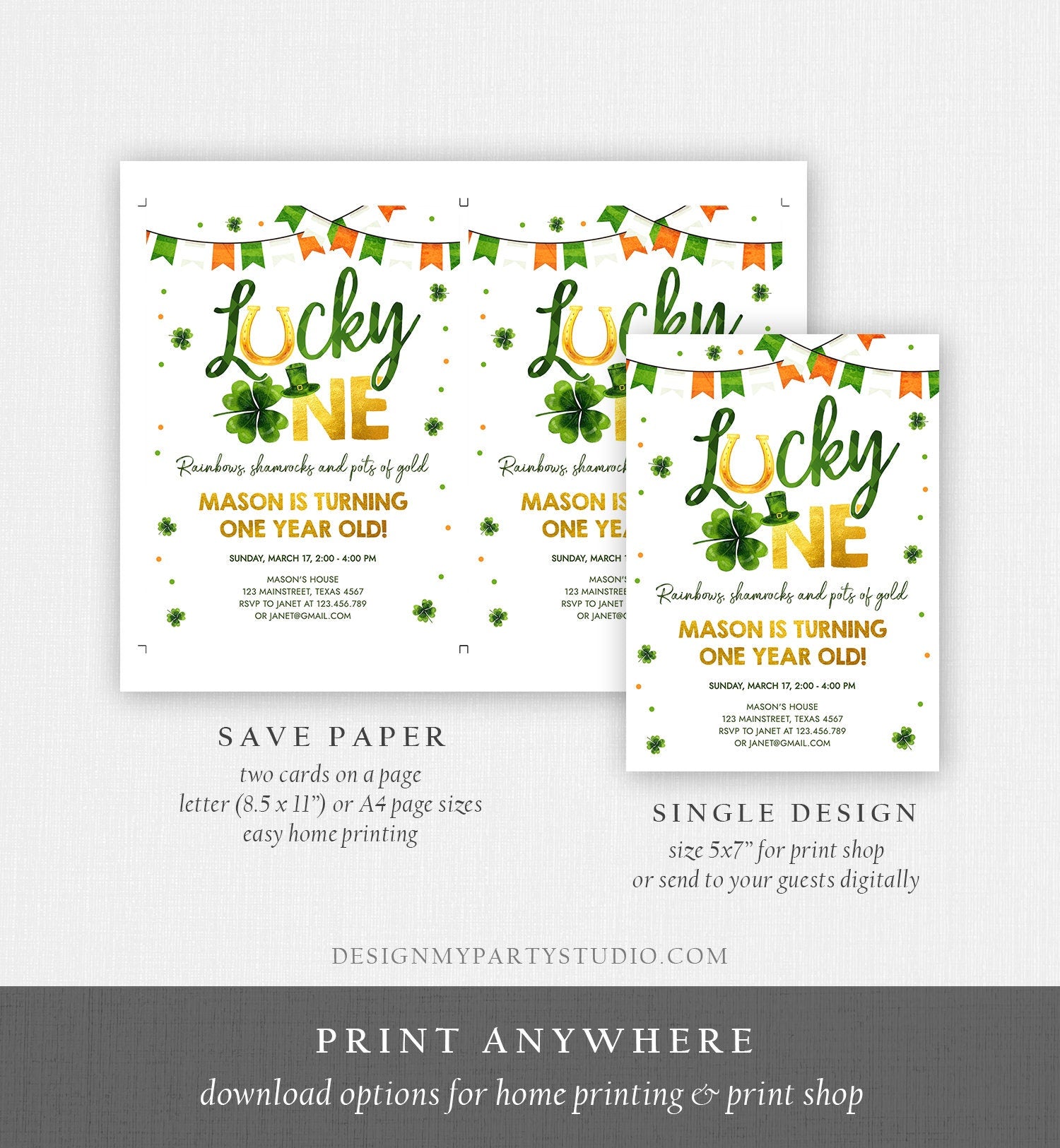 Editable Lucky One Birthday Invitation St. Patrick's Day First Birthday 1st Boy Shamrock Clover Download Corjl Template Printable 0379