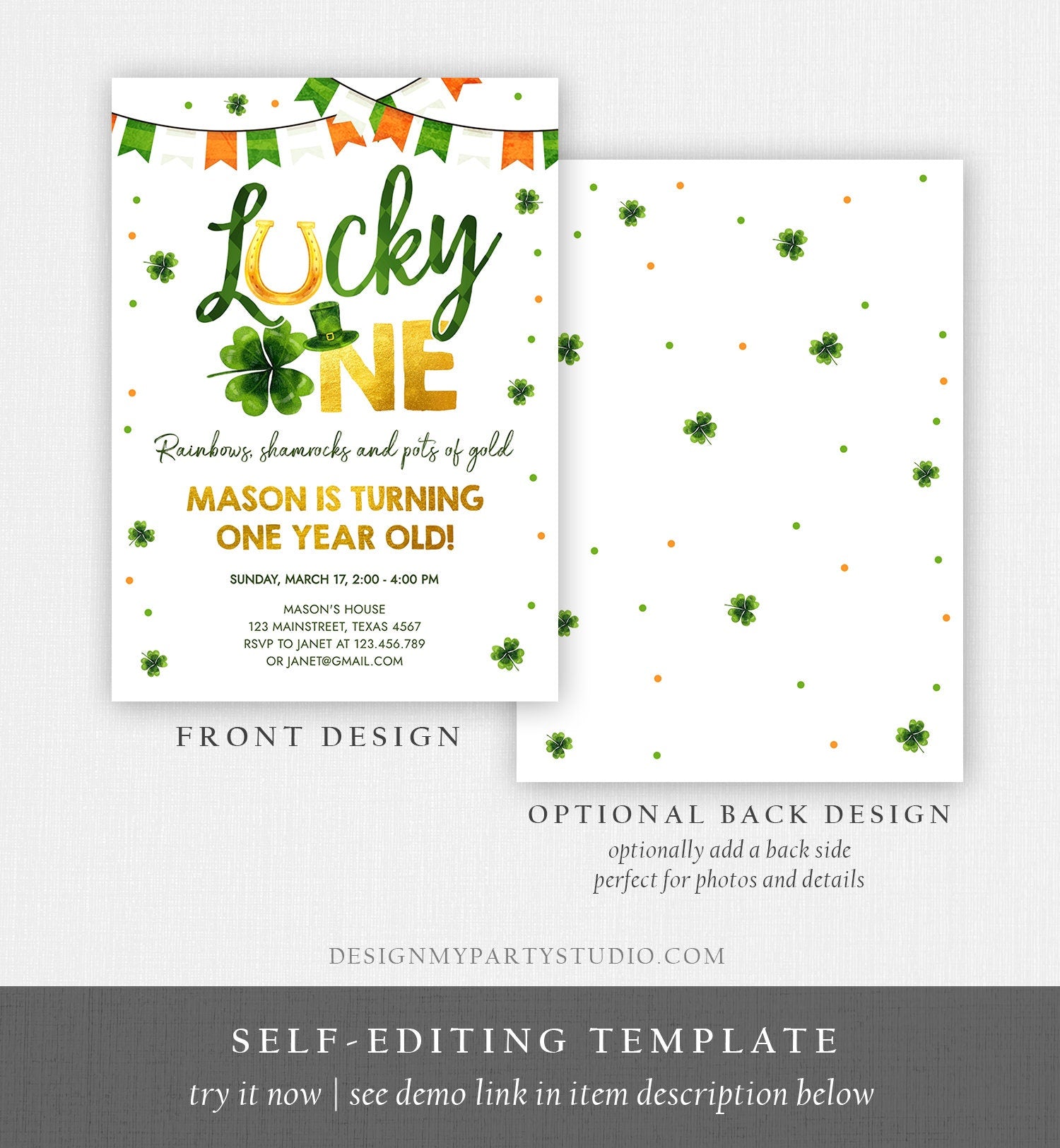 Editable Lucky One Birthday Invitation St. Patrick's Day First Birthday 1st Boy Shamrock Clover Download Corjl Template Printable 0379