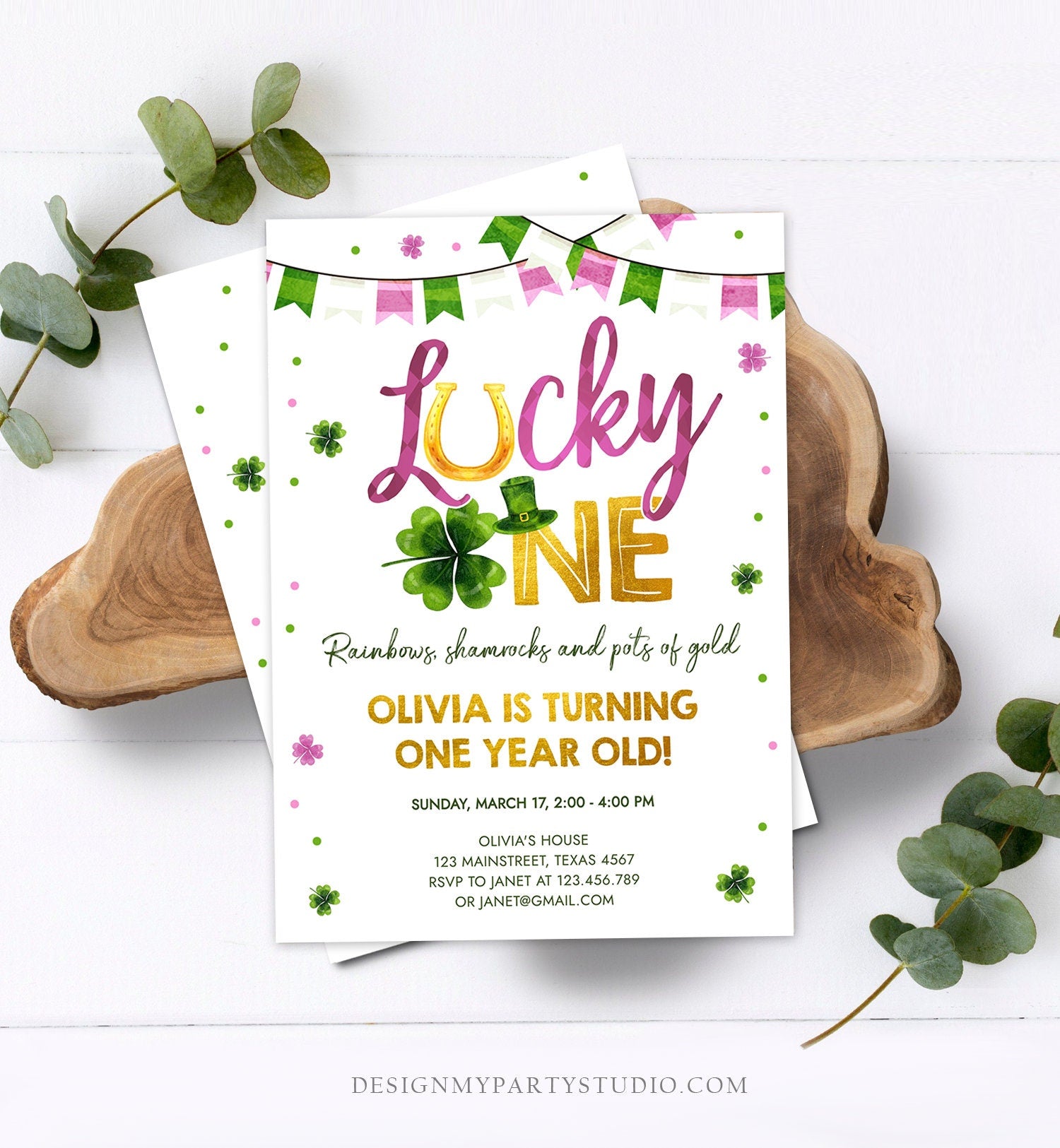 Editable Lucky One Birthday Invitation St. Patrick's Day First Birthday 1st Girl Pink Shamrock Clover Download Corjl Template Printable 0379