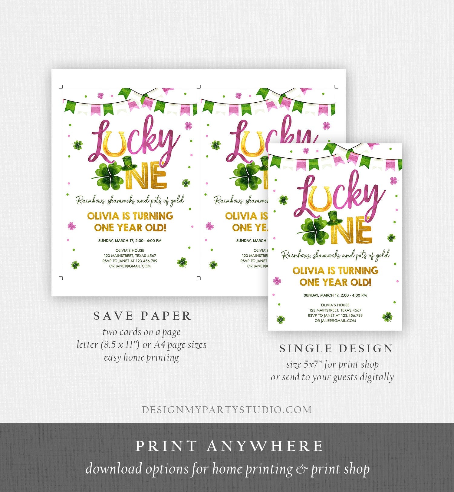 Editable Lucky One Birthday Invitation St. Patrick's Day First Birthday 1st Girl Pink Shamrock Clover Download Corjl Template Printable 0379