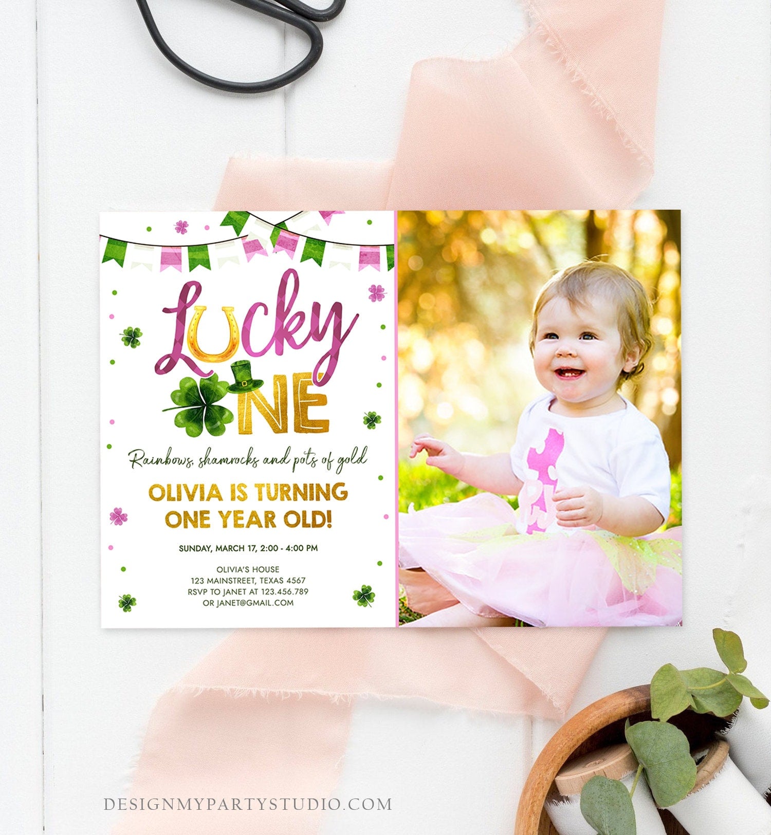 Editable Lucky One Birthday Invitation St. Patrick's Day First Birthday 1st Girl Pink Shamrock Clover Download Corjl Template Printable 0379