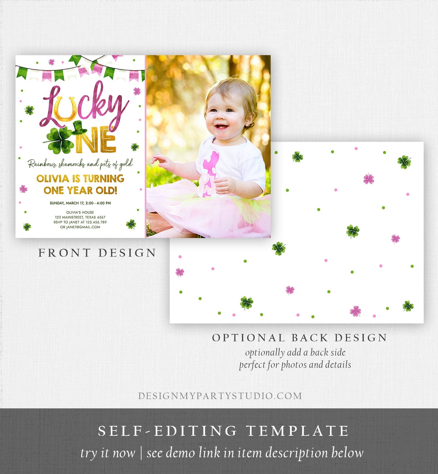 Editable Lucky One Birthday Invitation St. Patrick's Day First Birthday 1st Girl Pink Shamrock Clover Download Corjl Template Printable 0379