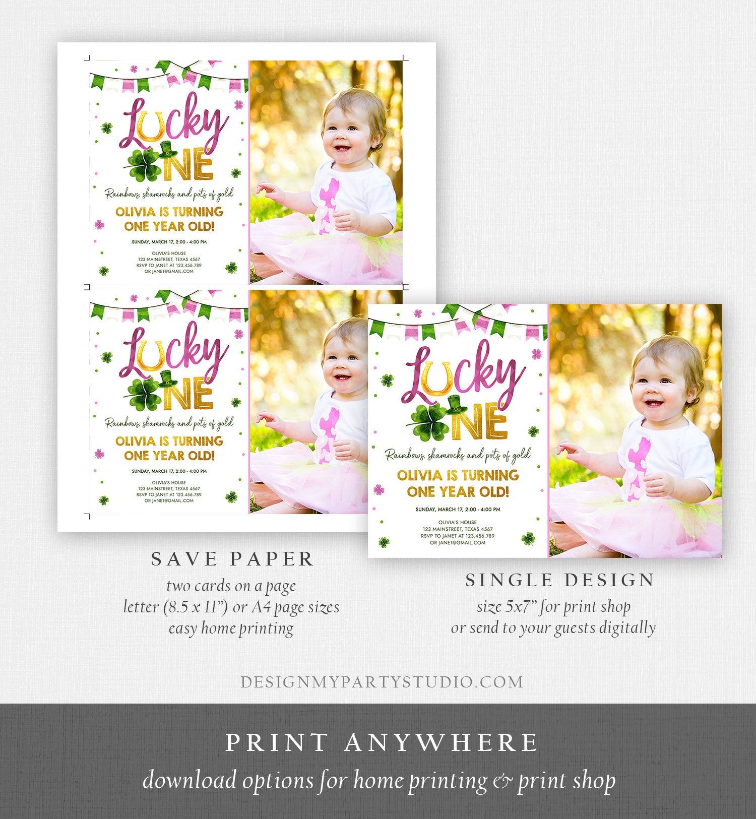 Editable Lucky One Birthday Invitation St. Patrick's Day First Birthday 1st Girl Pink Shamrock Clover Download Corjl Template Printable 0379