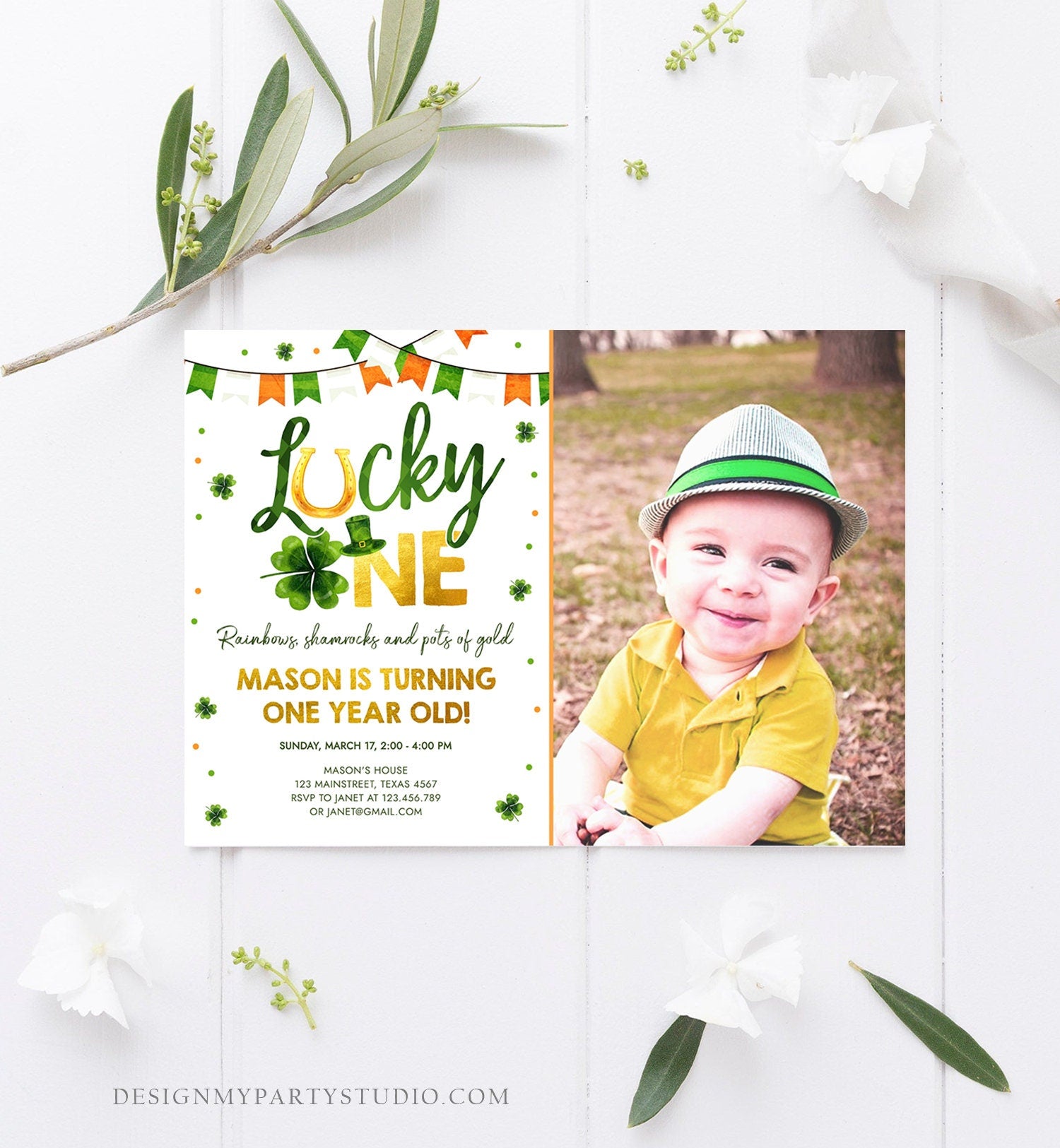 Editable Lucky One Birthday Invitation St. Patrick's Day First Birthday 1st Boy Shamrock Clover Download Corjl Template Printable 0379